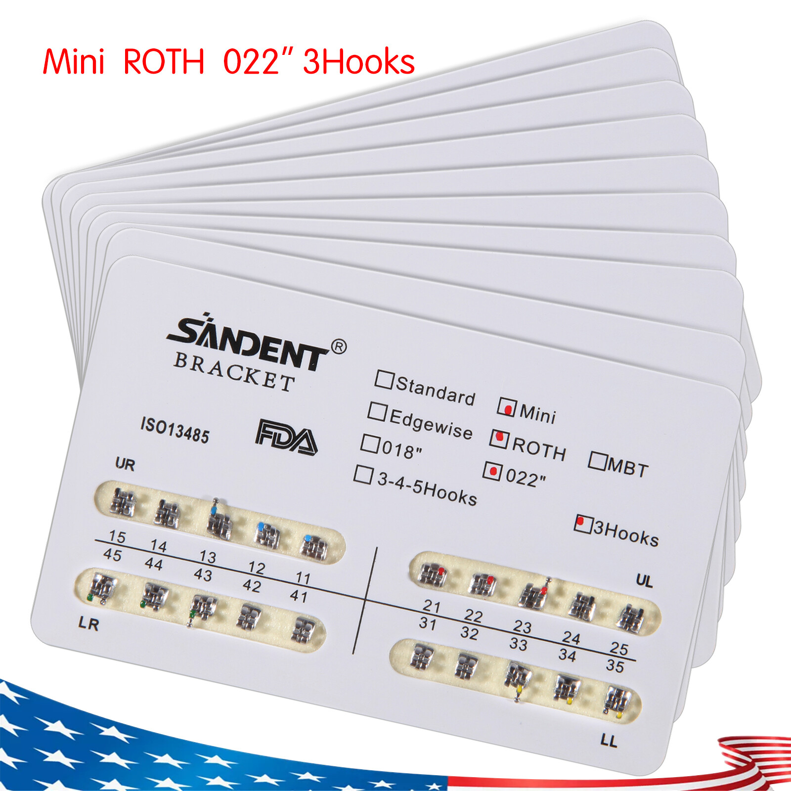 10 packs USA Dental Orthodontic Metal Bracket Braces Mini Roth 022 Slot 3 Hooks