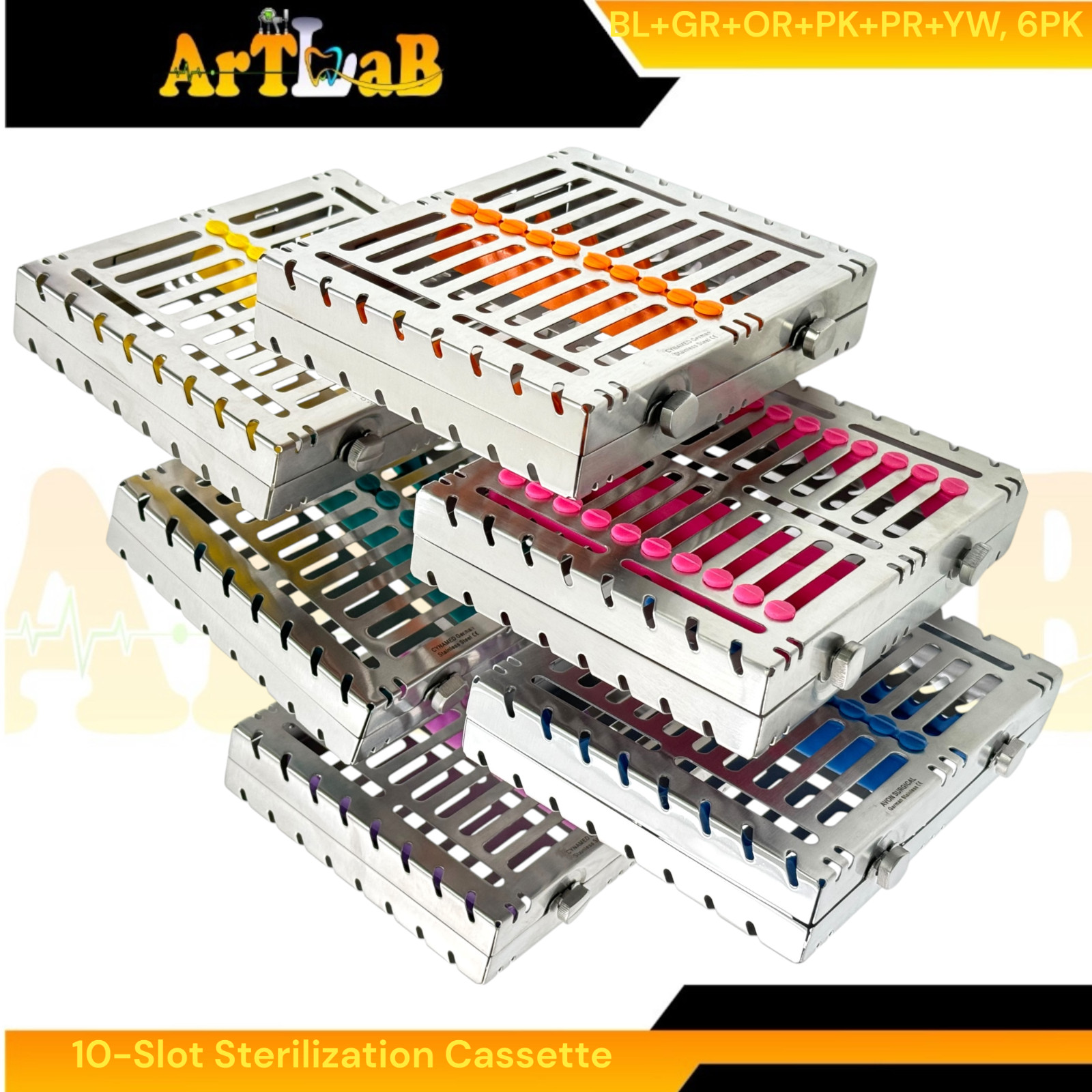 6 Count – Sterilization Cassettes for 10 Instruments, Detachable, 2-Button Lock