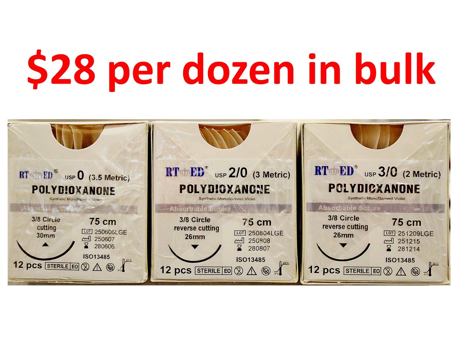 PDO/PDS Sutures 0, 2-0, and 3-0 75cm w/ 3/8 circle 26mm cutting needle 50 DOZ.