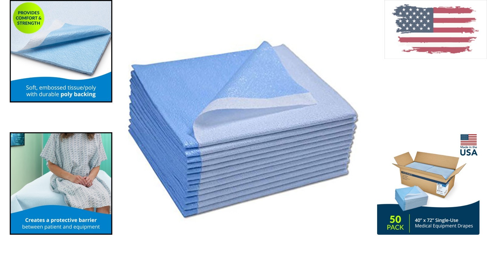Avalon 1-Ply Disposable Drape Sheets for Medical Use – 40″ x 72″ Blue, 50 Count