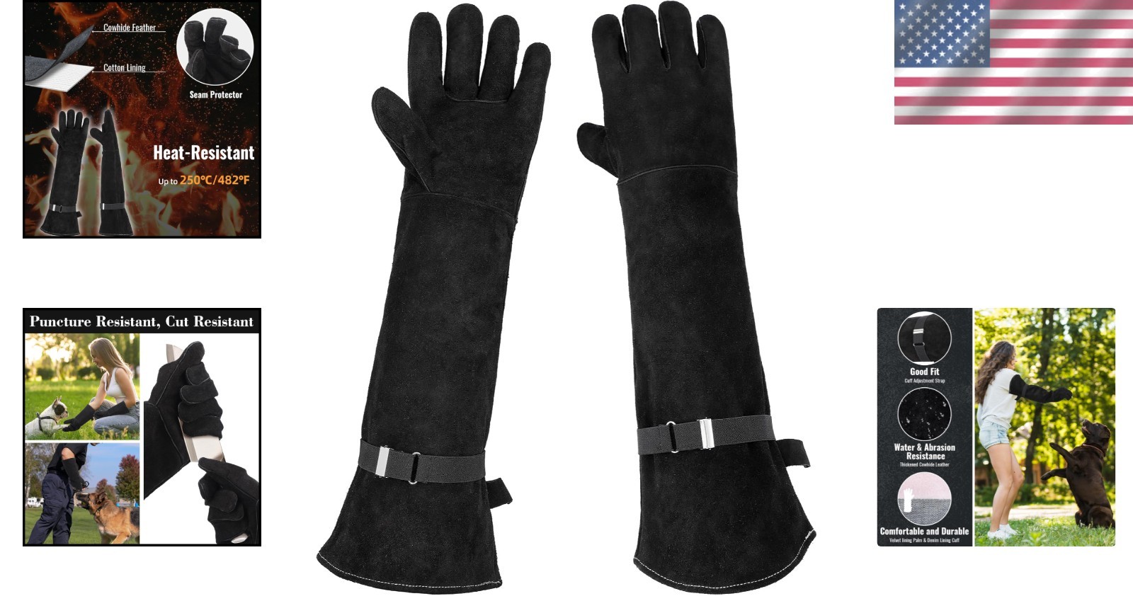 Multipurpose Leather Gloves 23.6 Inch Black for Animal Handling and Outdoor Use