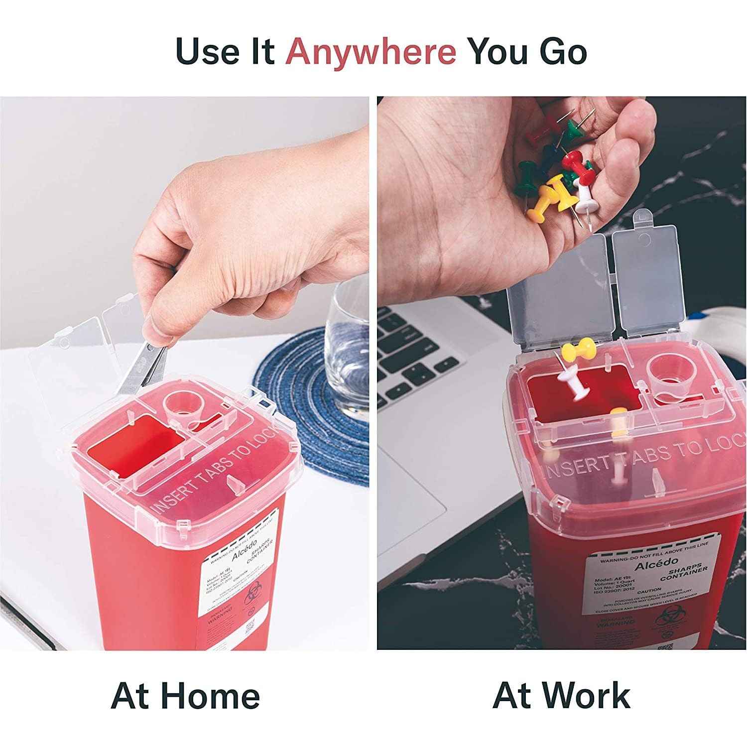 Compact 1 Quart Red Sharps Container for Safe Needle Disposal & Transport