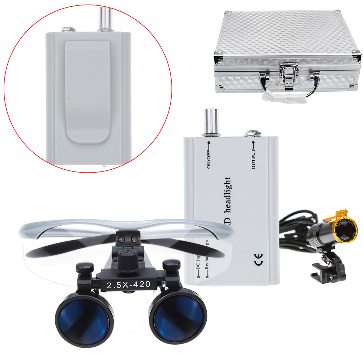 Dental 5W LED Headlight+Light Shield+2.5X Surgical Loupe DY-008+AL-BOX Silver US