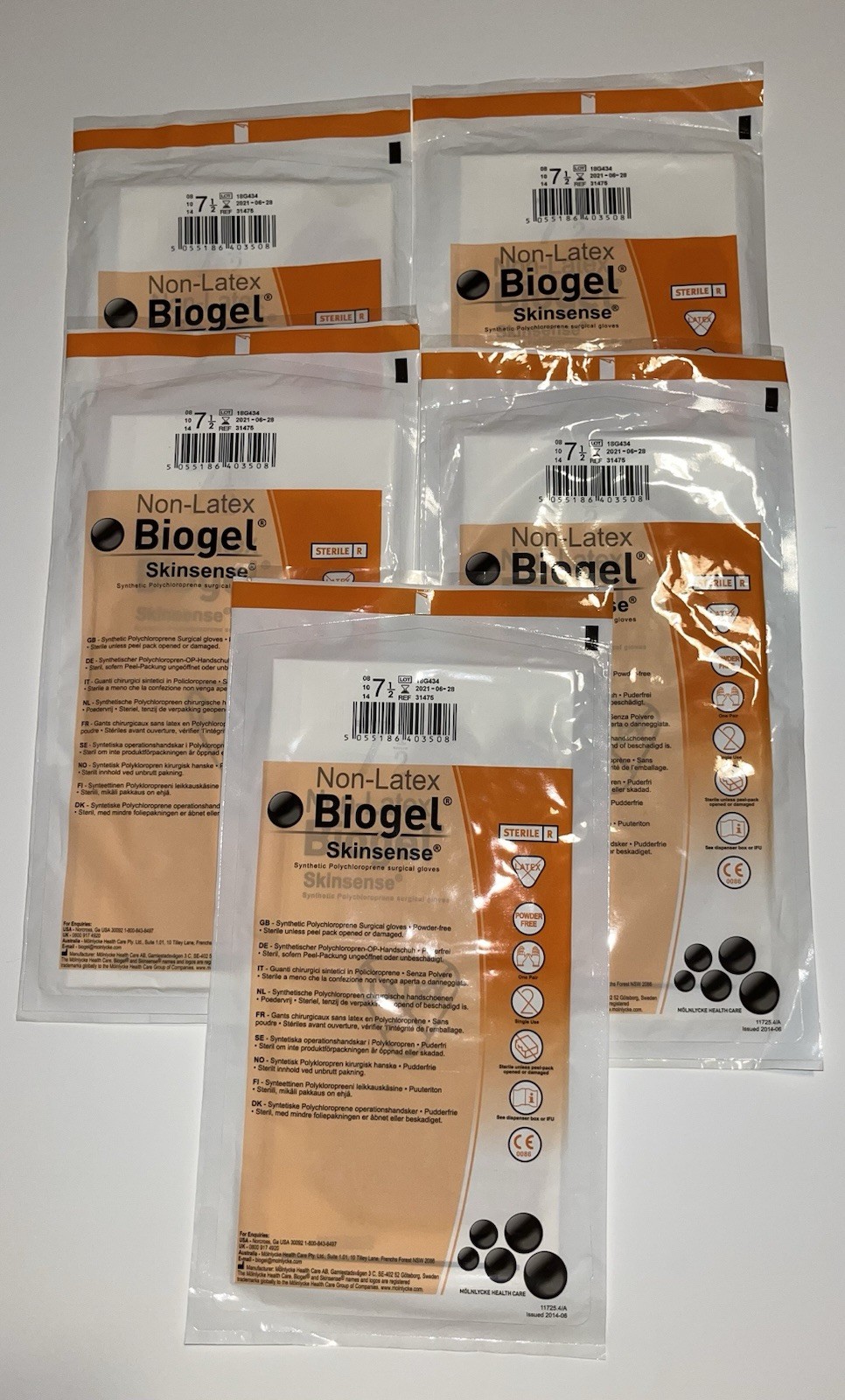 Molnlycke Biogel Skinsense Surgical Gloves 13-Pack Size 6.5 Lot Of 5 Sealed