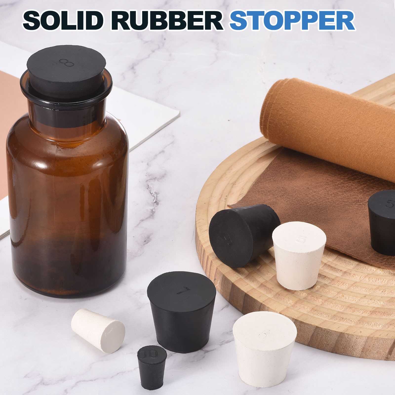 12 Pcs Solid Rubber Stopper Size 4#-26mm x 19mm – 28mm Long, Black/White