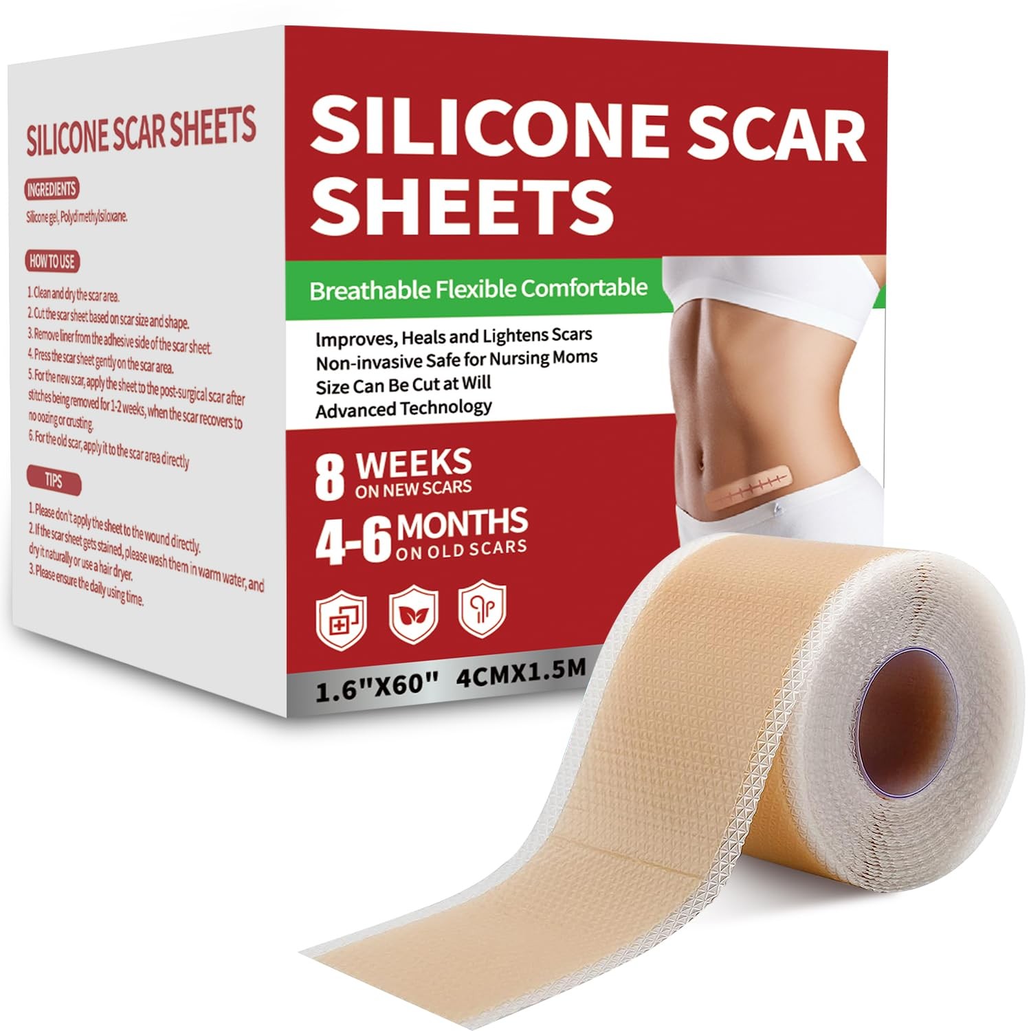 Tearich Silicone Scar Sheets 1.6X 60 Roll-1.5M Medical Grade Silicone Scar Tape