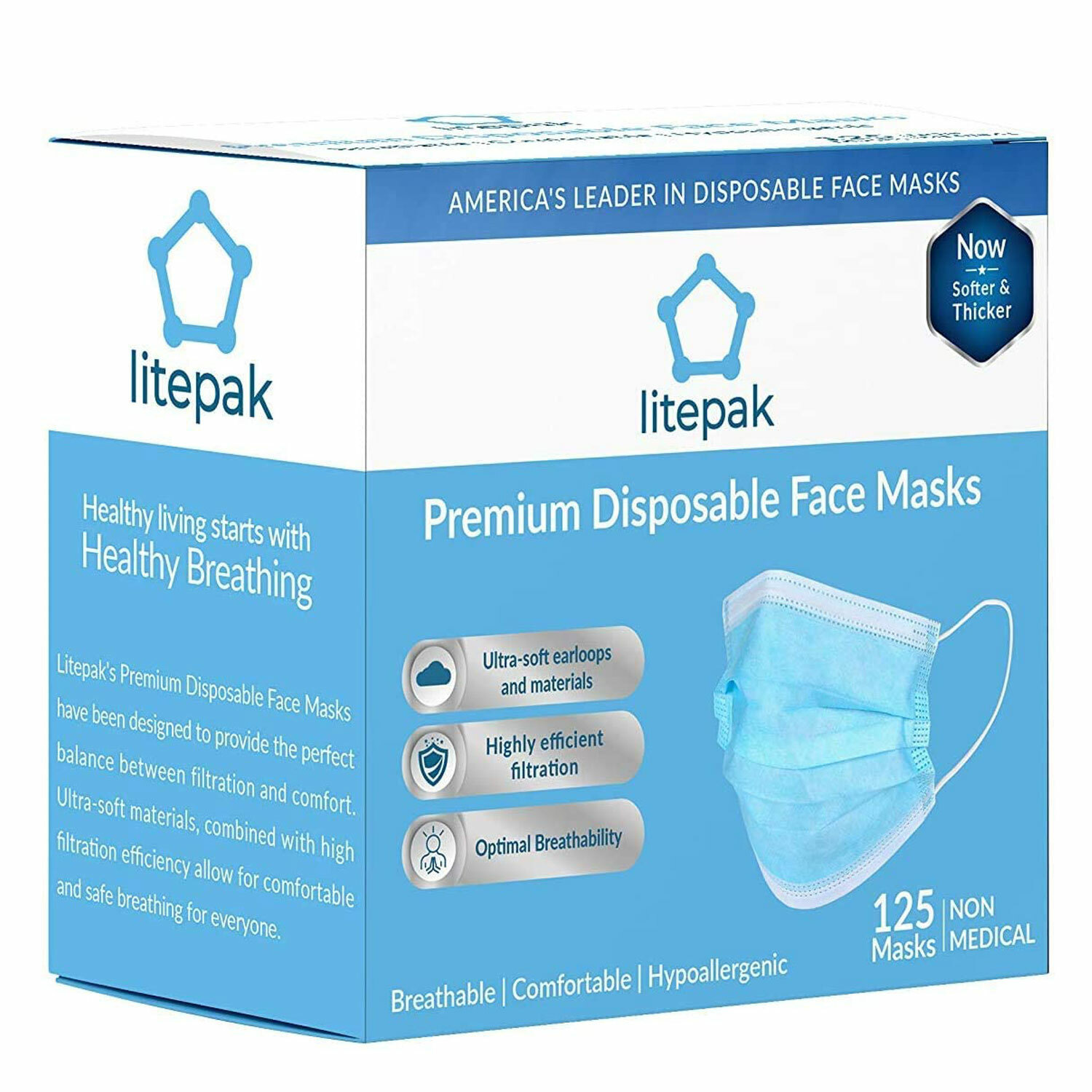125Pack Litepak Disposable Face Cover Premium Comfort Earloops Dispenser Box