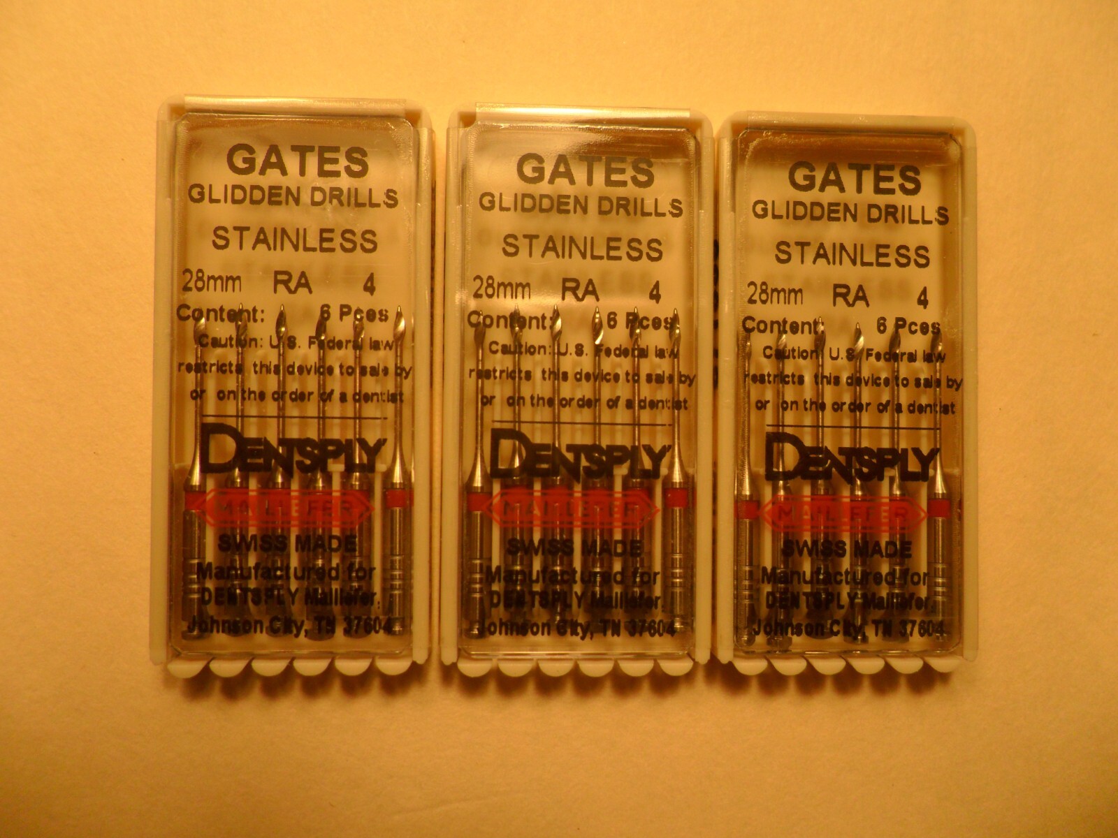 Densply Gates Glidden Drills Stainless 28mm RA 4 Box of 6