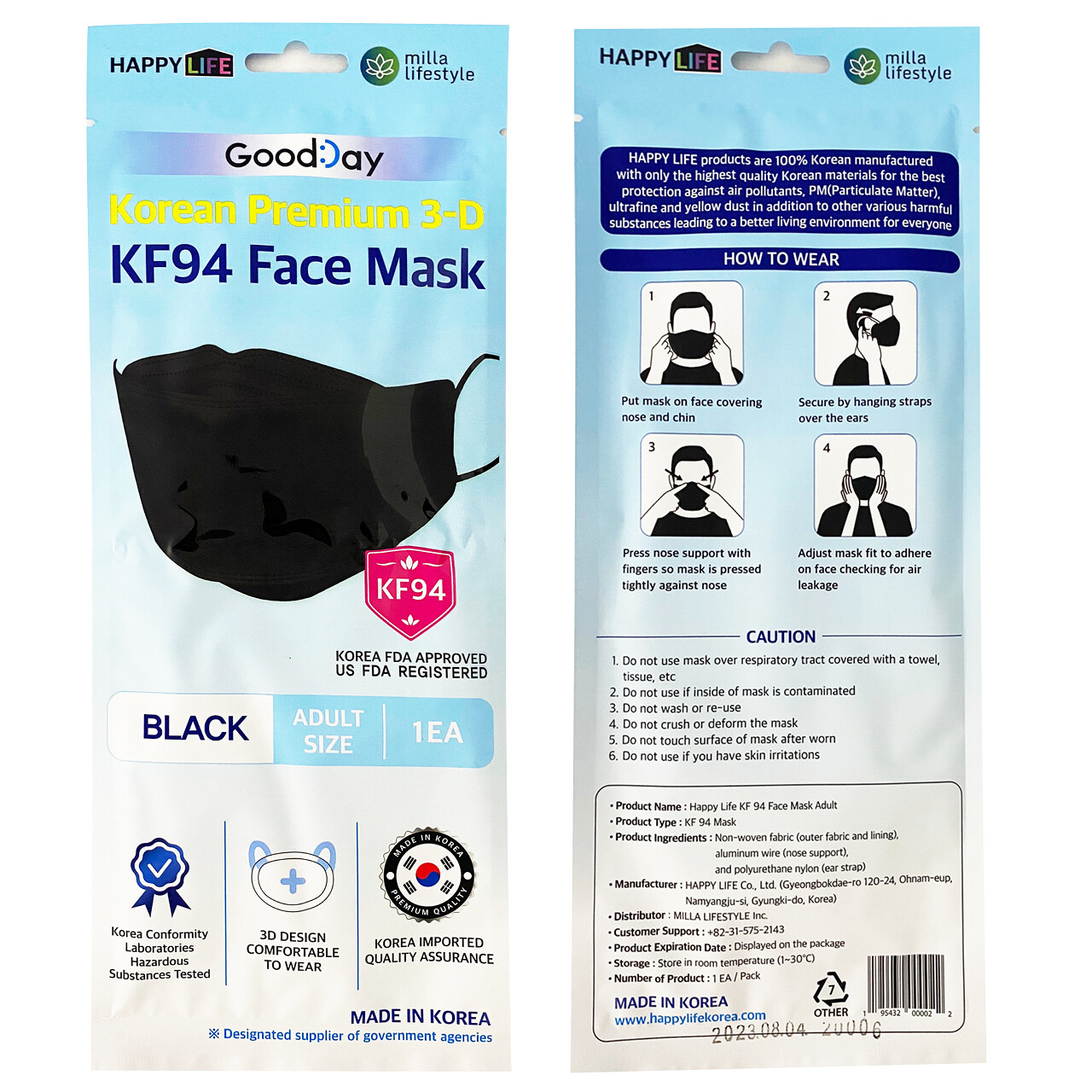 100 Pack KF94 BLACK Protective Face Mask Adult Made in Korea KFDA Approved