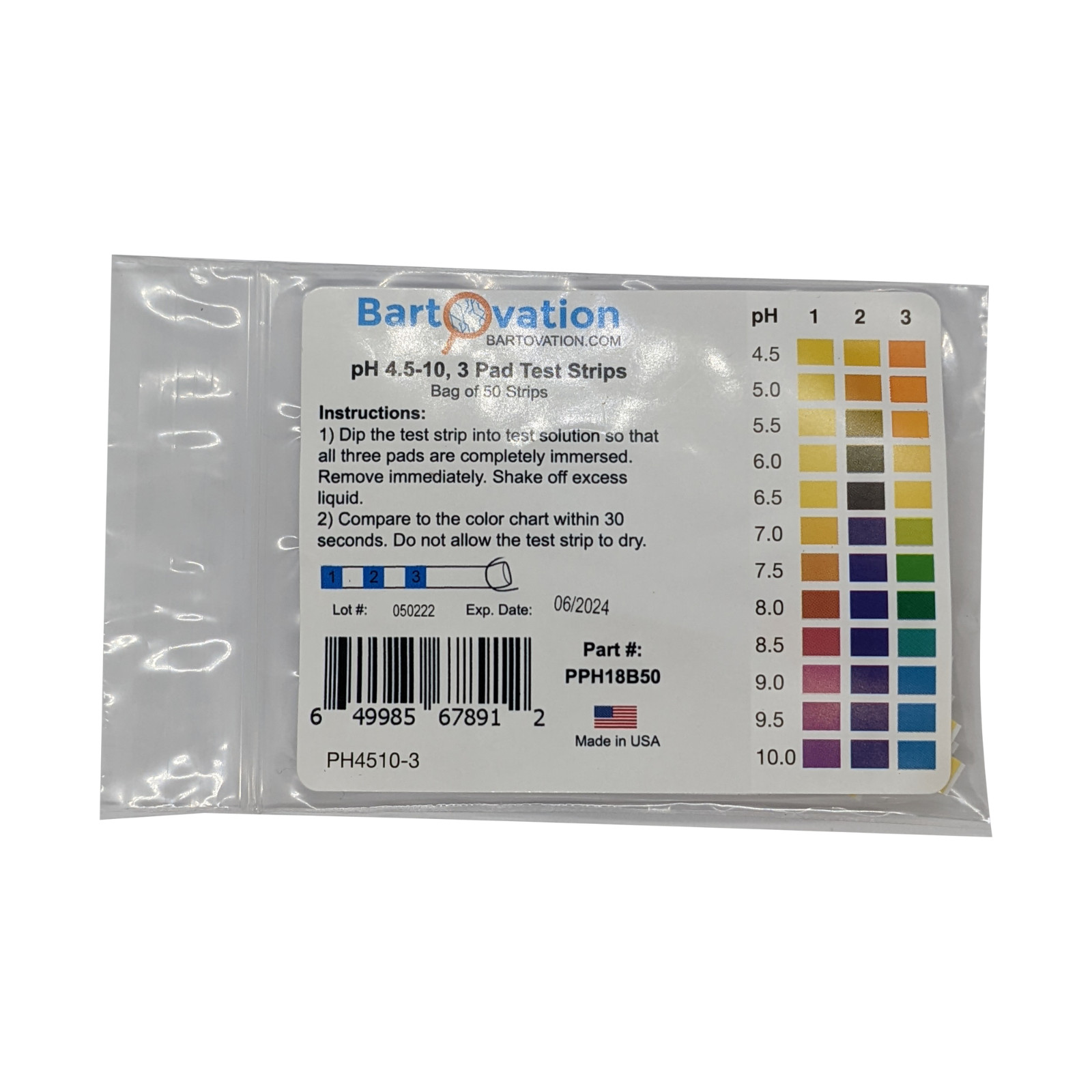 pH 4.5-10 , 3-Pad Test Strips [Bag of 50 Strips]