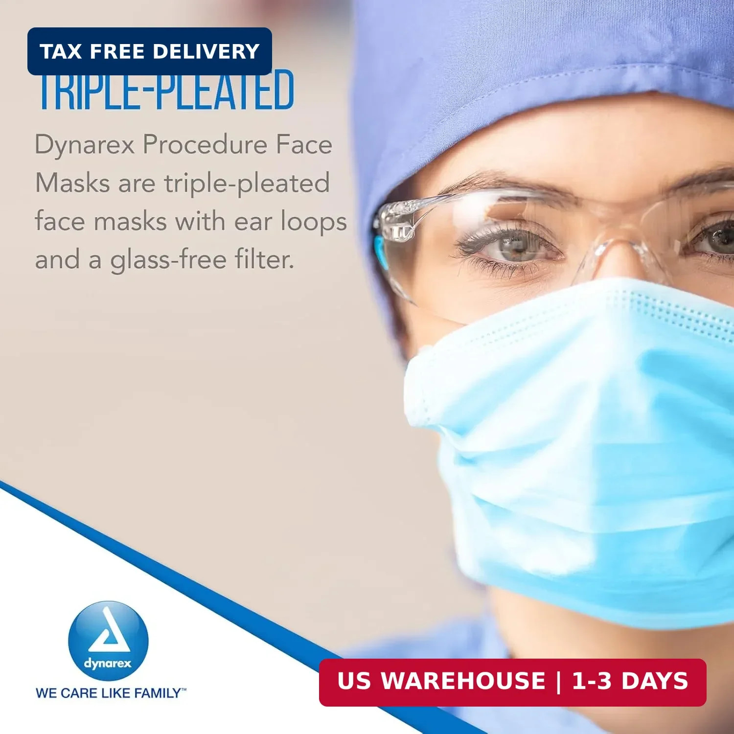 Dynarex Procedure Face Mask – with Ear Loop Blue 12/50/Cs