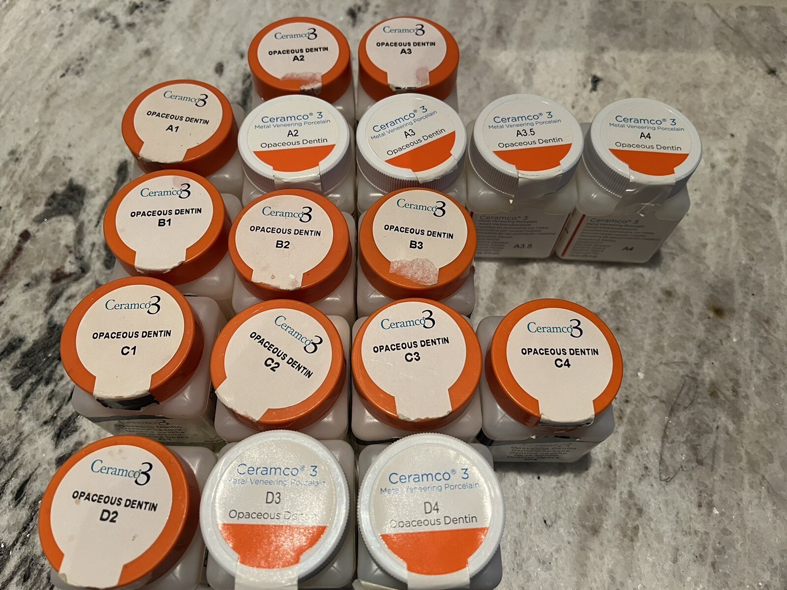 Ceramco 3 porcelain, dentin, enamel, modifiers, glaze 4 oz. & 1 oz. bottles