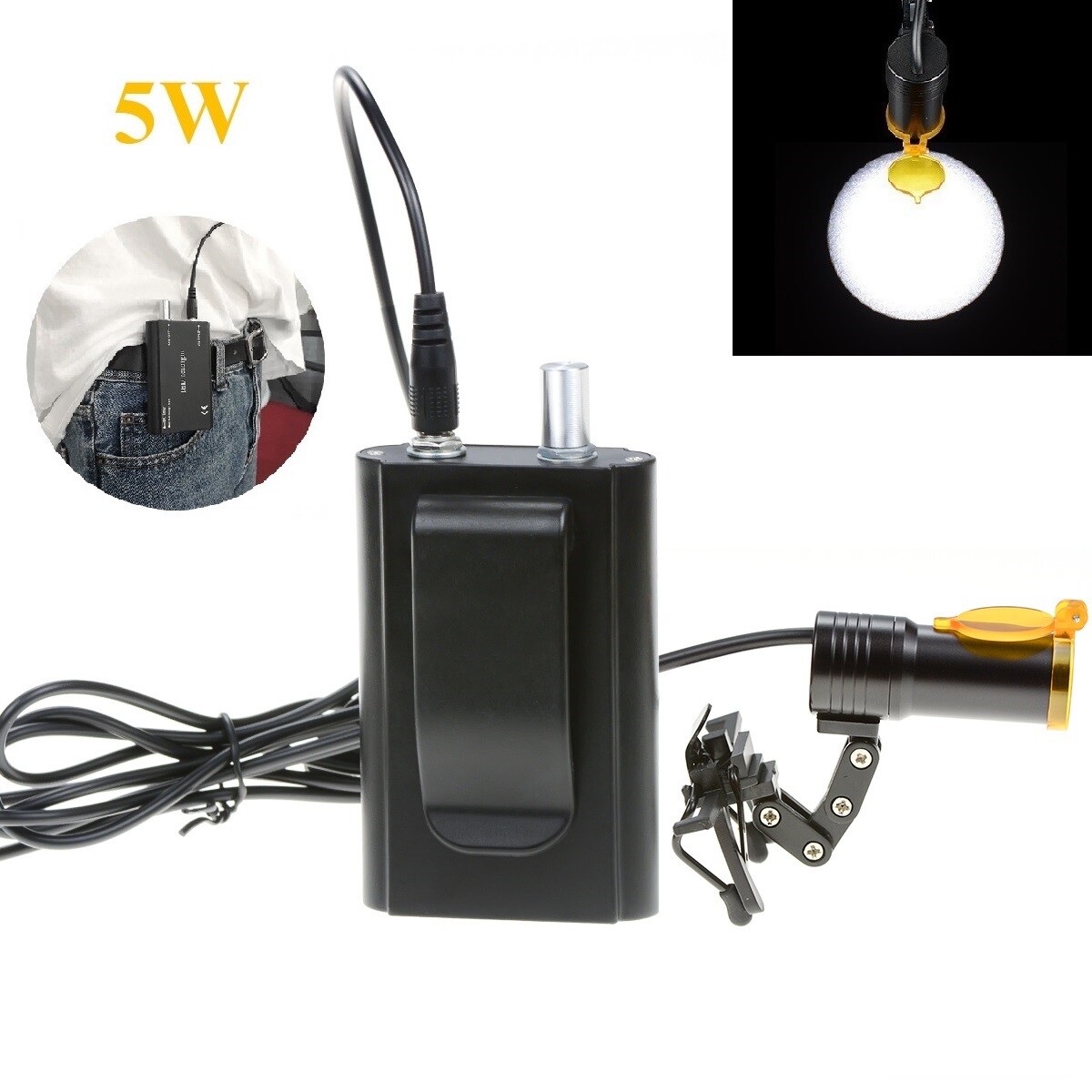 5W LED Dental Headlight with Belt Clip and Optical Fitler Metal Clip Type Black