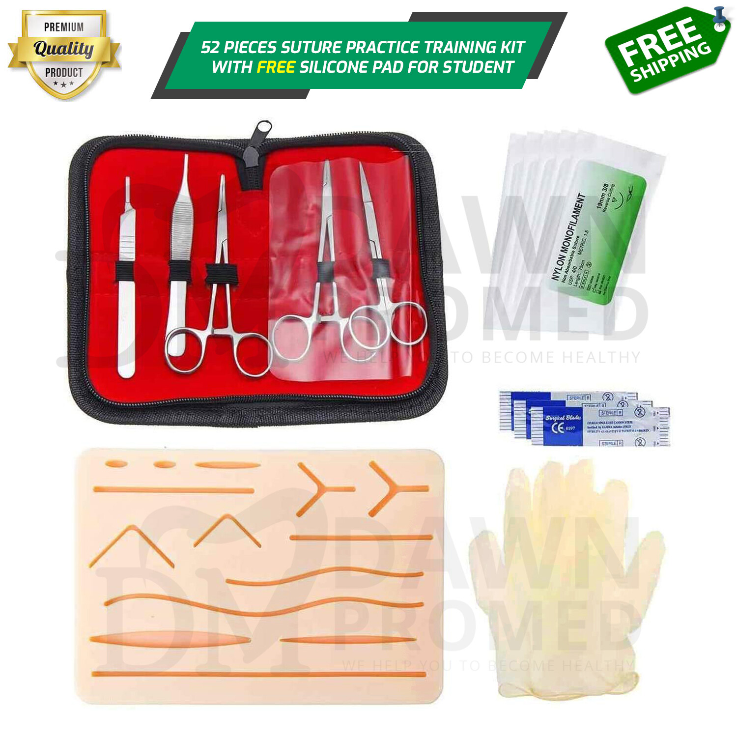 52 Pcs Practice Suture Kit W/Pad Student Training Medical Veterinary German Gr