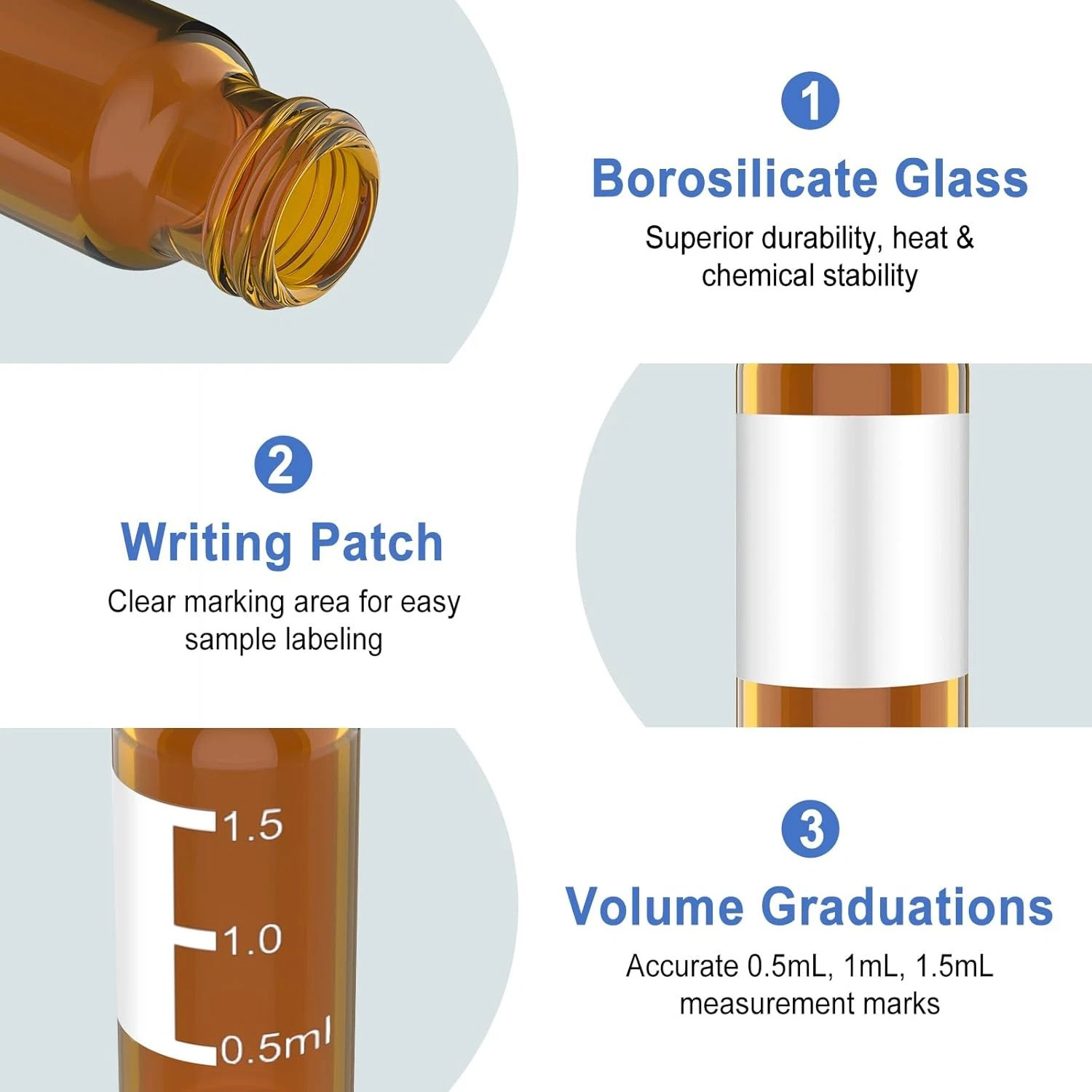 2mL Autosampler Vials 1000pcs for LC, GC-MS, Lab 9-425 Screw Caps Clear/Amber