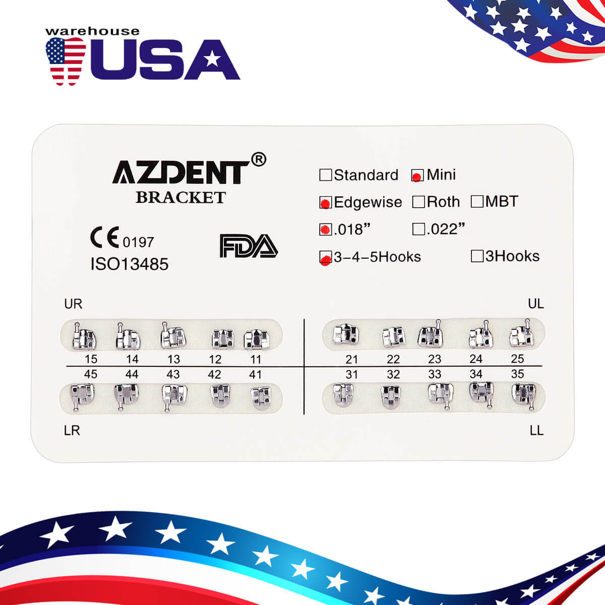 AZDENT Dental Orthodontic Brackets Metal Braces Mini Edgewise Slot.018 Hooks 345