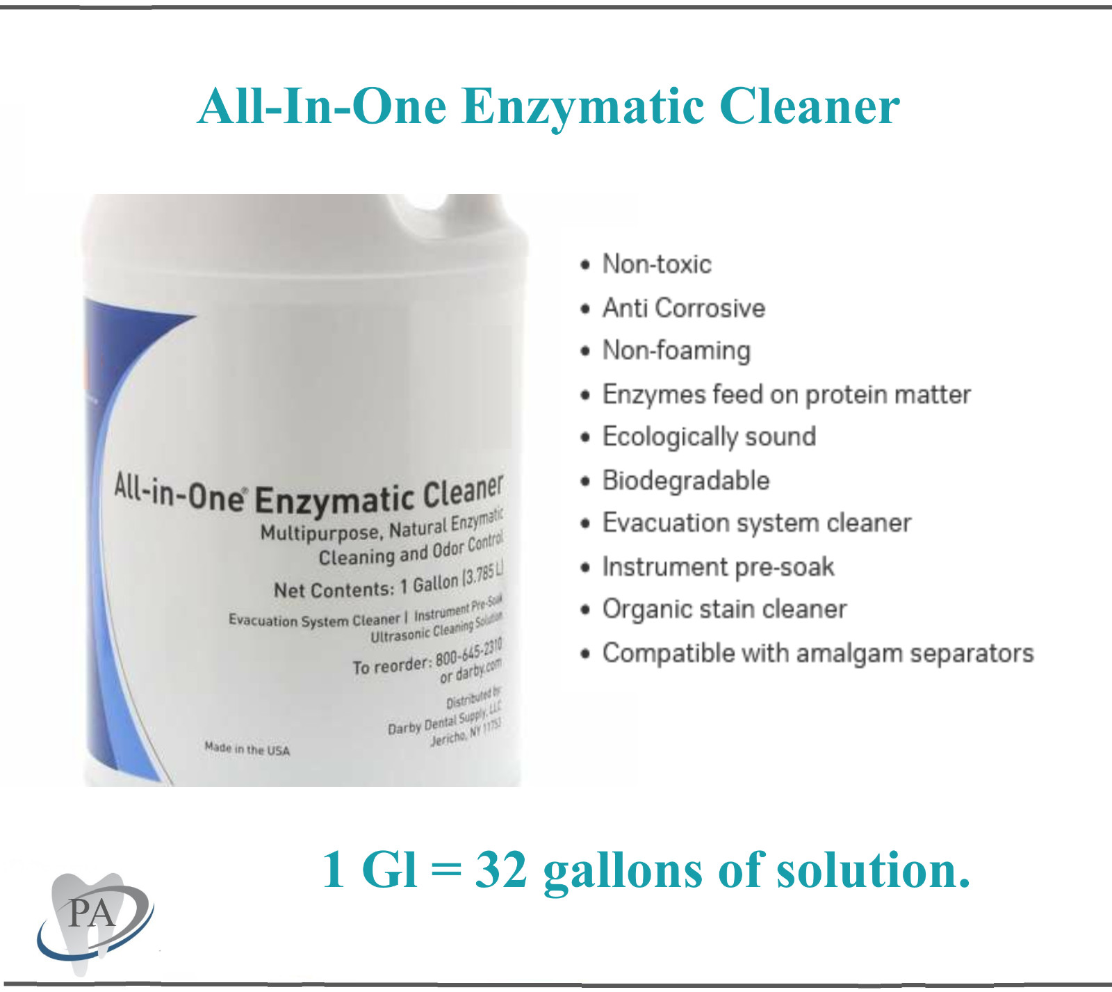 Dental All-In-One Enzymatic Cleaner Evacuation Anti Corrosive Non-foaming, 1 Gl