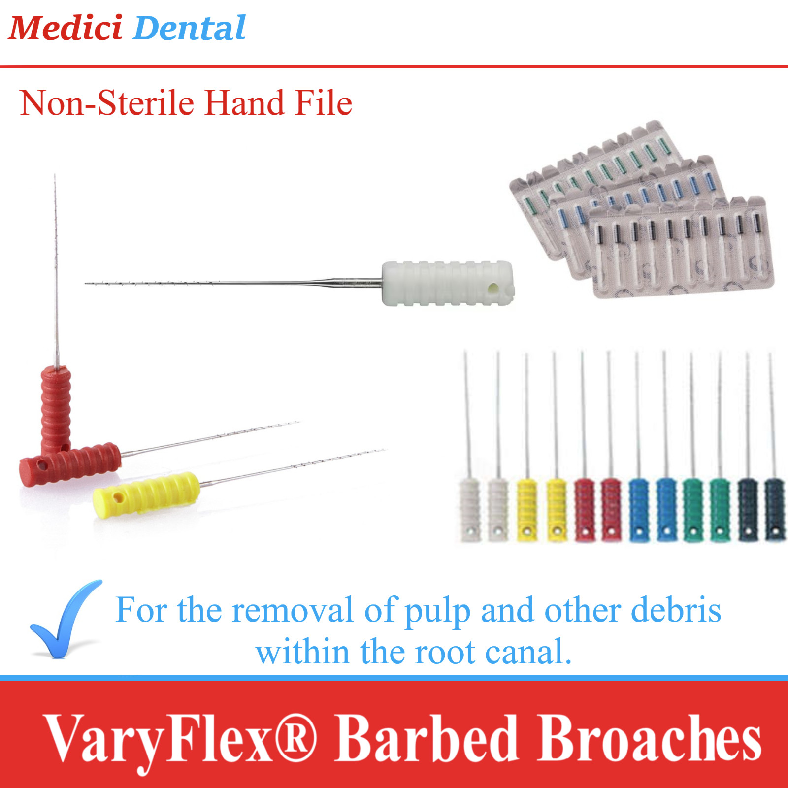 Dental Endo Barbed Broaches For Root Canal Color-Coded 21mm, 25mm 10/Pk VaryFlex
