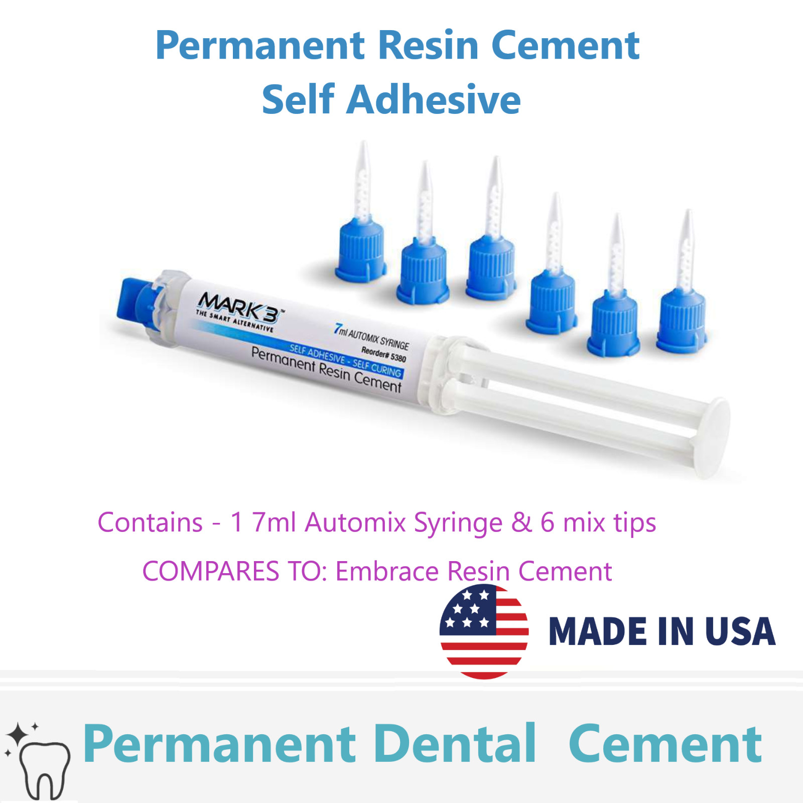 Dental Permanent Resin Cement, Self Adhesive 7 ml Automix Syringe with 6 Tips