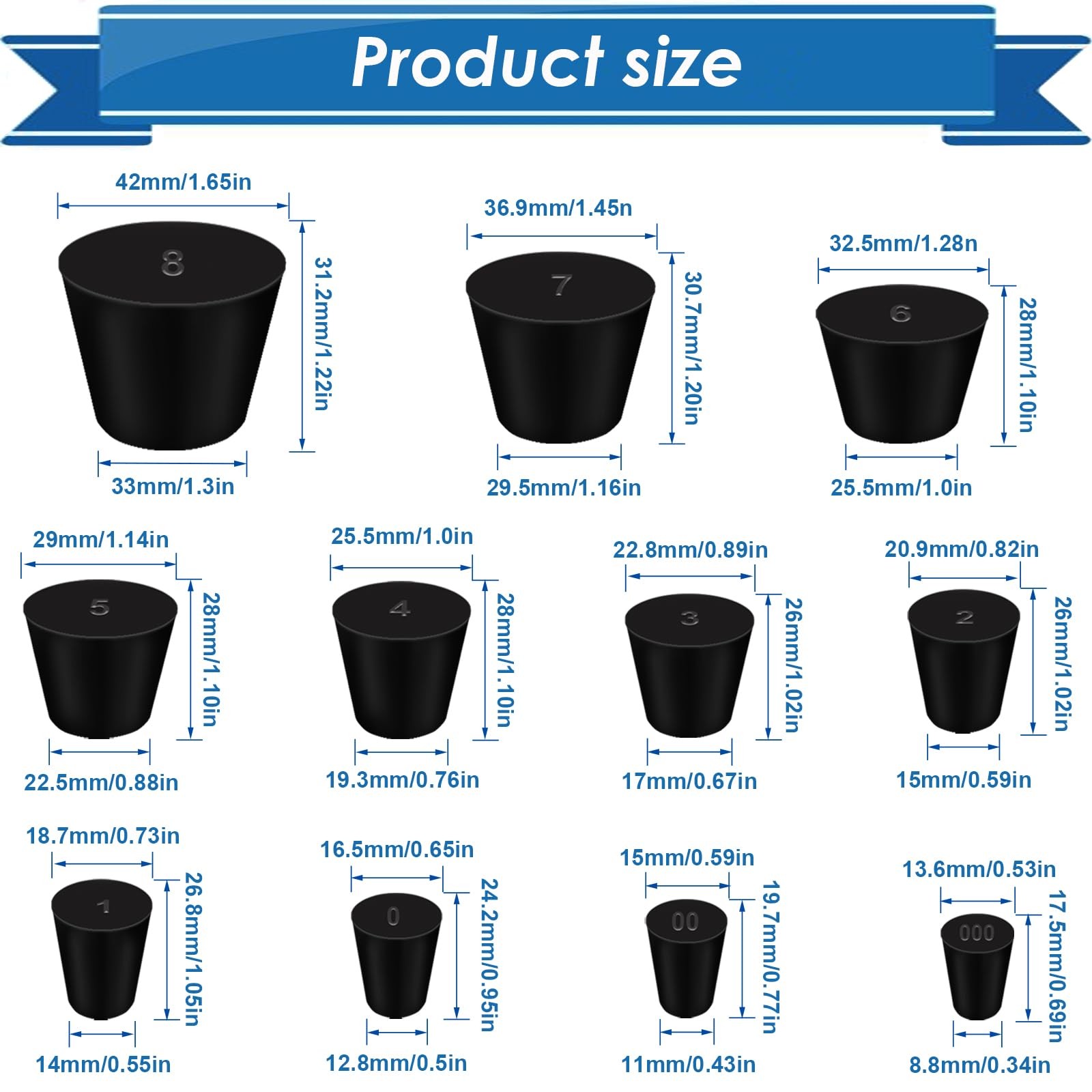 24Pcs Solid Rubber Stopper 11 Assorted Sizes 000# – 8# for Flask, Plug Holes,…
