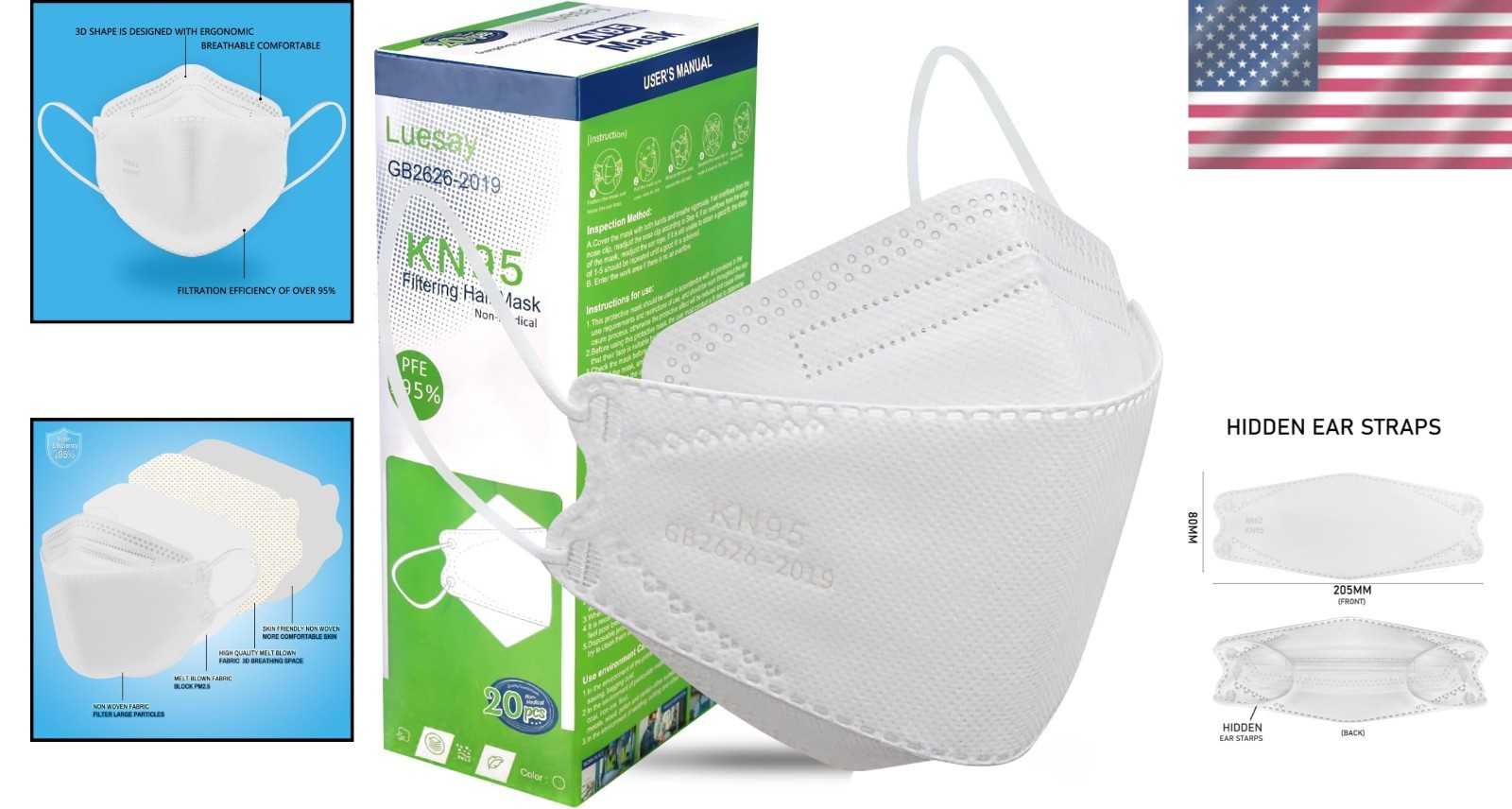 Disposable KN95 Face Masks – 20 Pack with Adjustable Nose Clip for Comfort