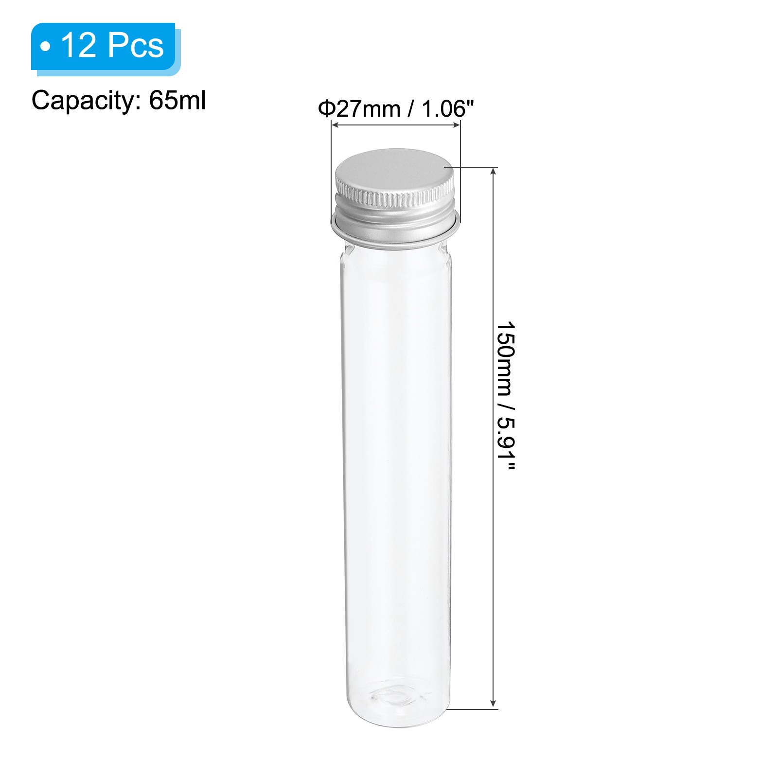 12 Pcs 65ml Plastic Test Tubes with Screw Caps 150x27mm Flat Bottom Silver Tone