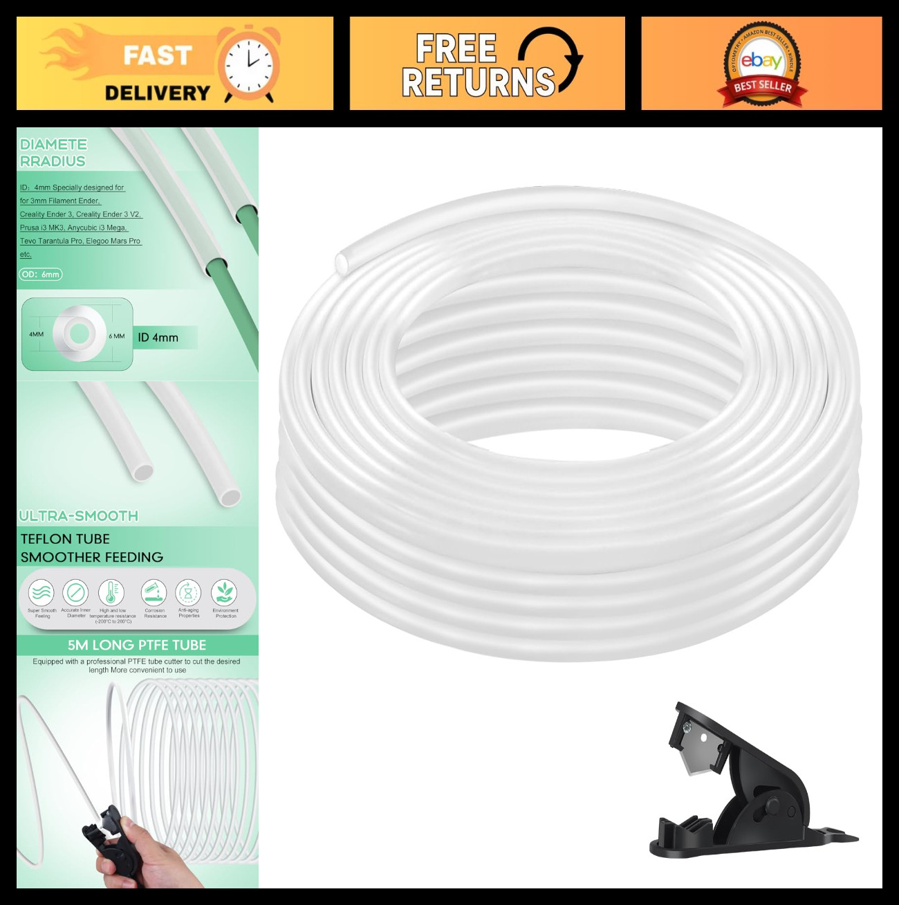 16.5ft PTFE Teflon Tubing 4mm ID x 6mm OD for 3D Printer Bowden Tube – Milk Whit