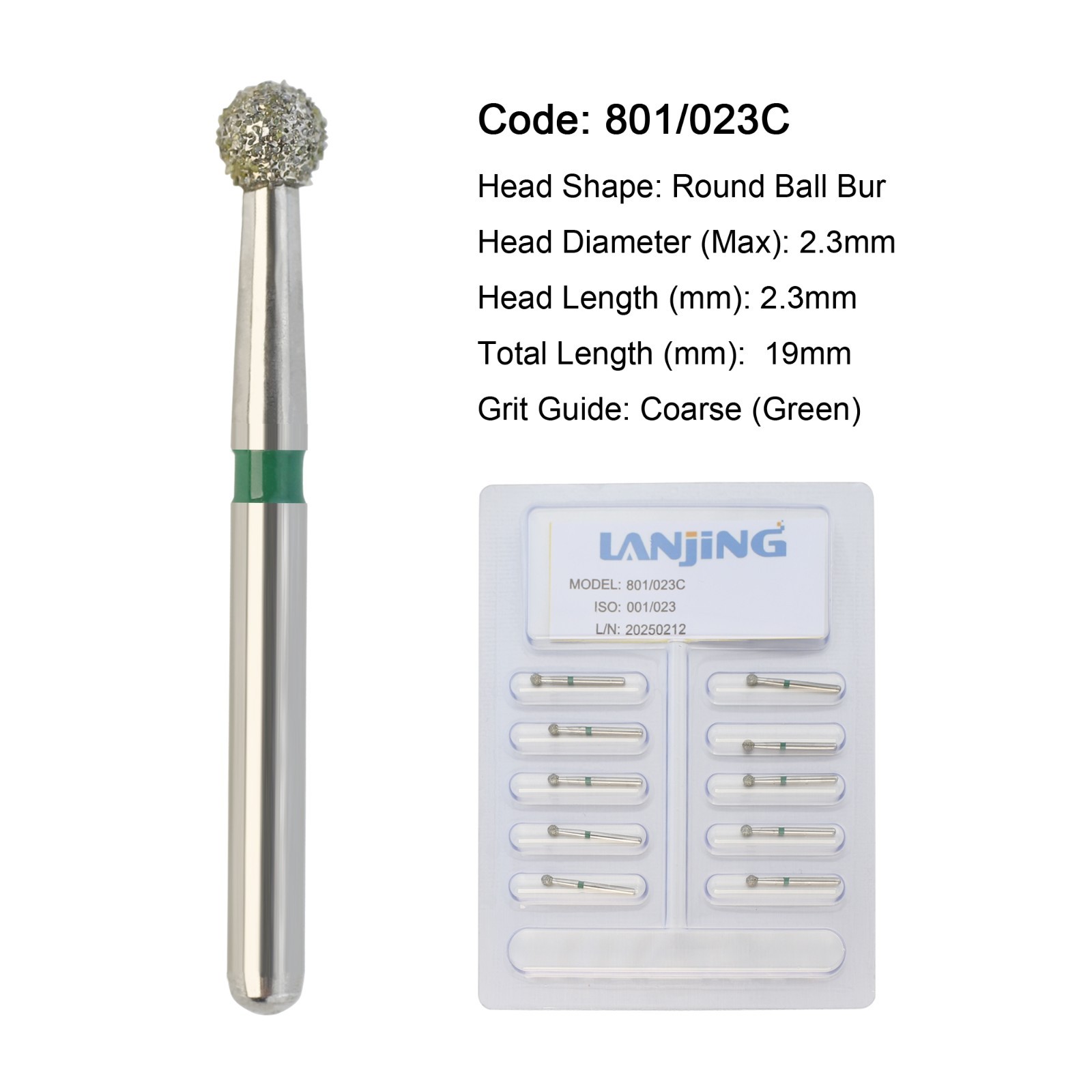 Dental Diamond Burs FG 801/023C Round Ball Bur Coarse Grit Green for High Speed