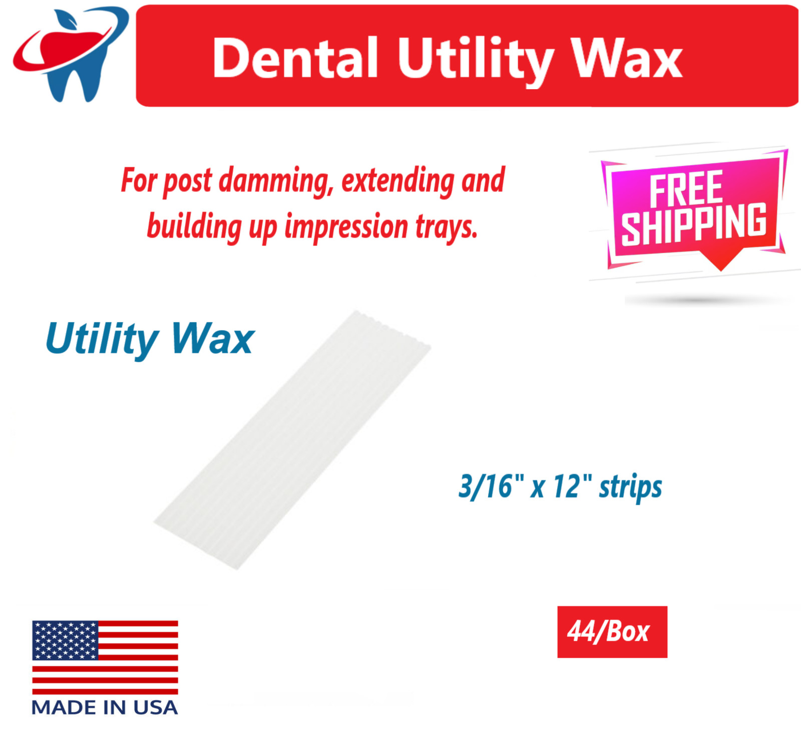 Dental Utility Wax 3/16″ x 12″ strips, Square Rope, Round Strips, White / Red US