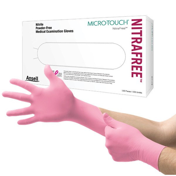 Ansell Micro-Touch NitraFree Nitrile, Medium Powder-Free Exam Gloves, Pink