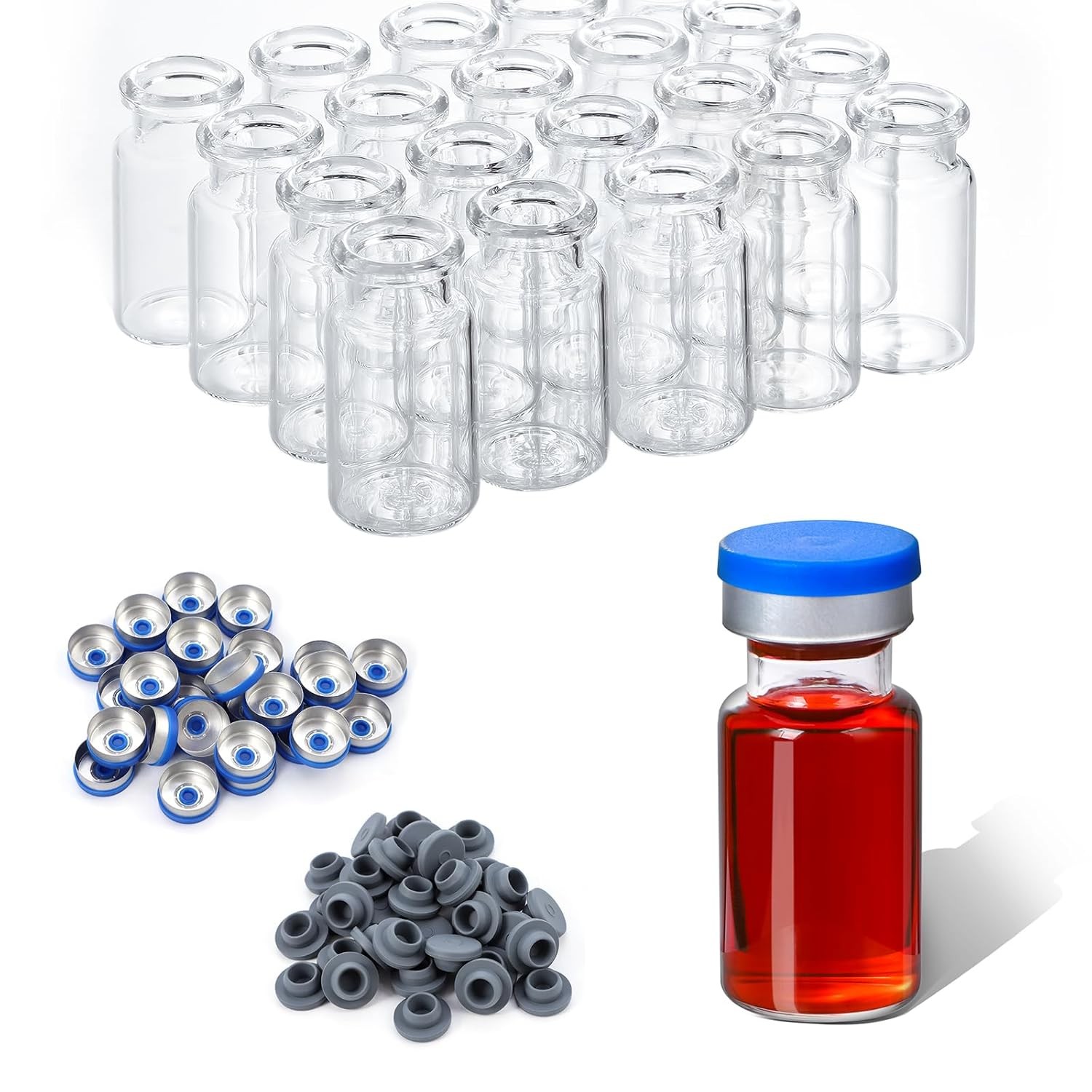 100Pcs 10ml Glass Vials Headspace Vials Sample vials w/ Caps and Rubber Stoppers