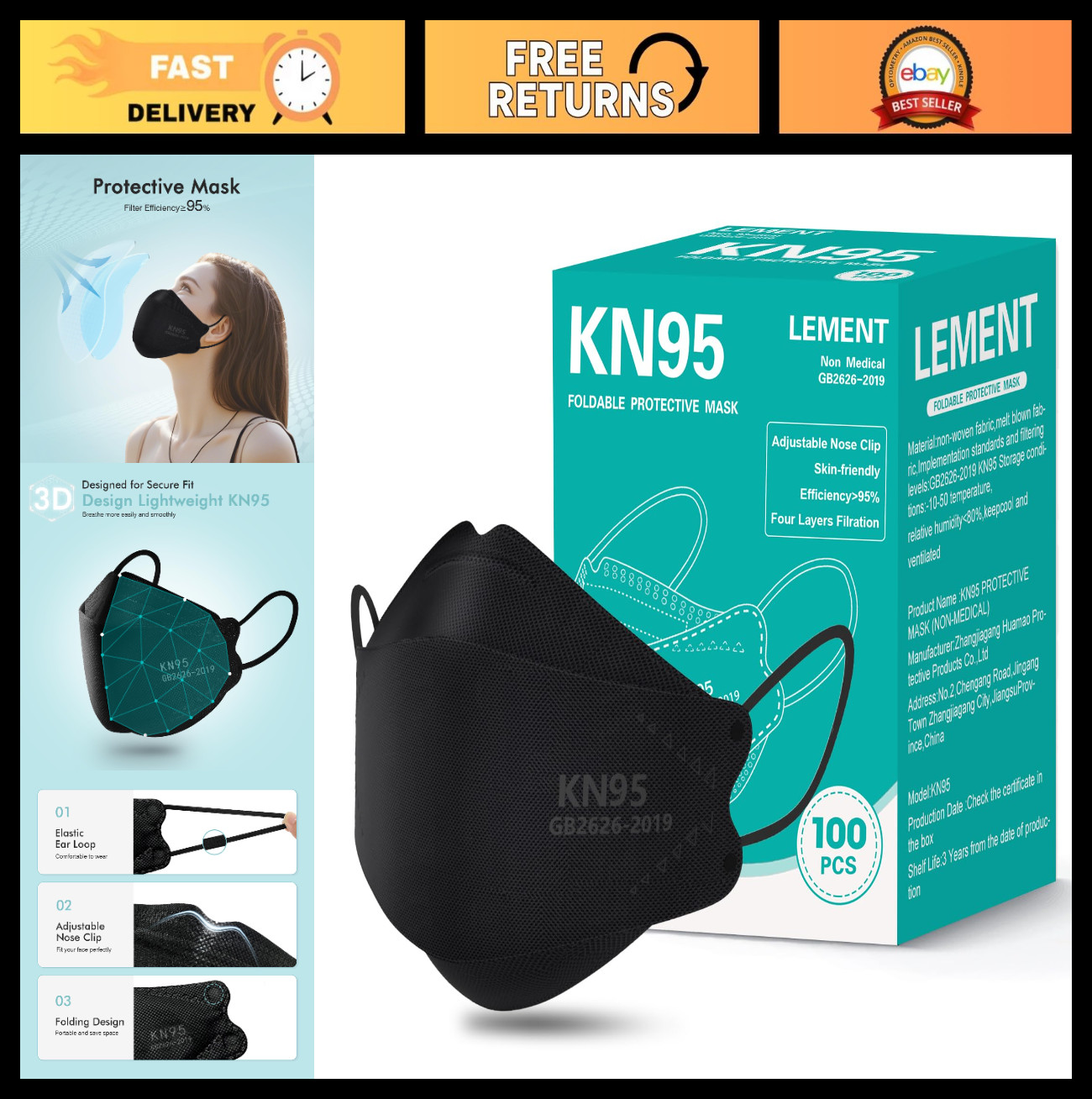 100 Pack KN95 Face Masks – Breathable Black Disposable Masks for Adults & Teens