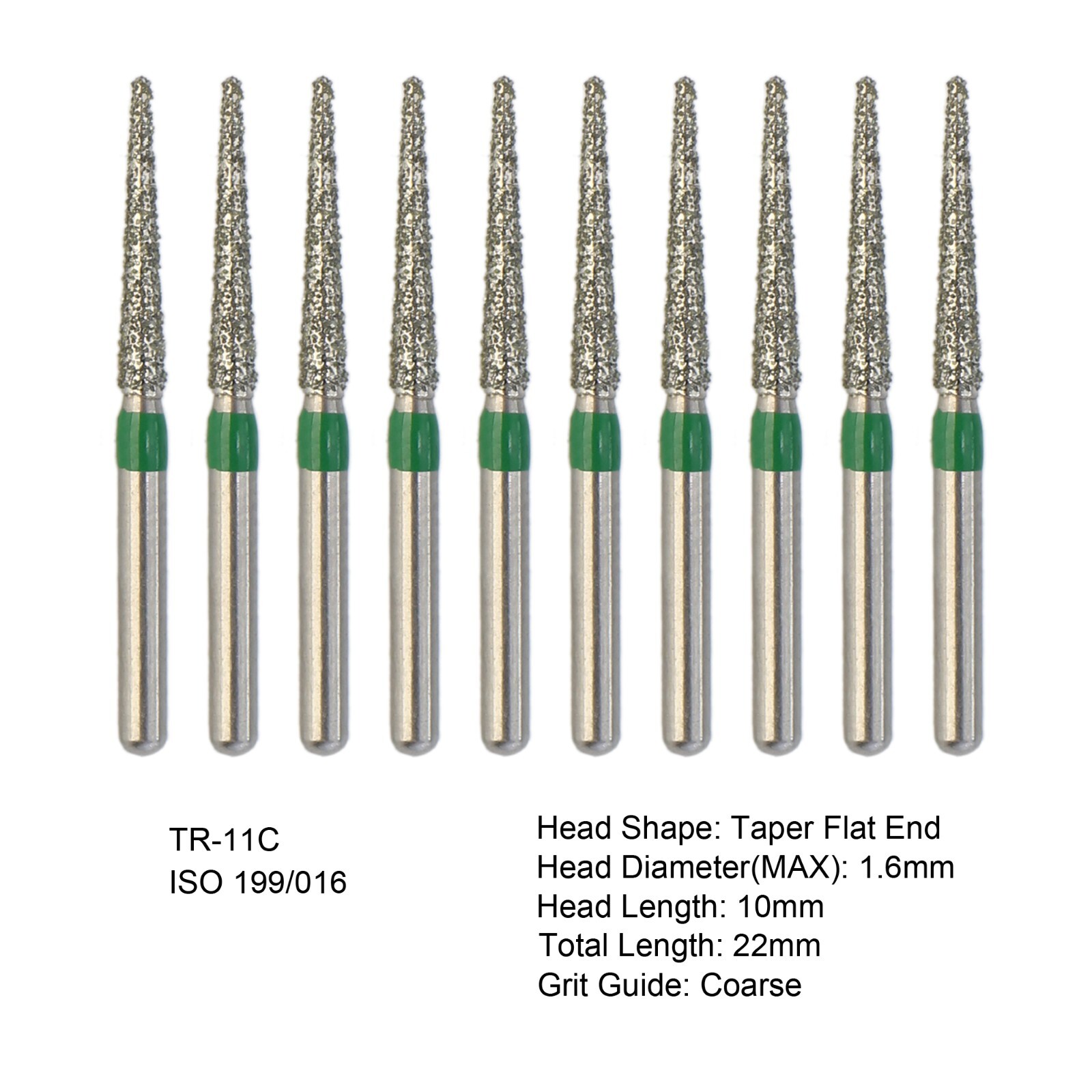 Dental Diamond Burs FG Taper Flat End TR-11C Coarse Grit Green for High Speed
