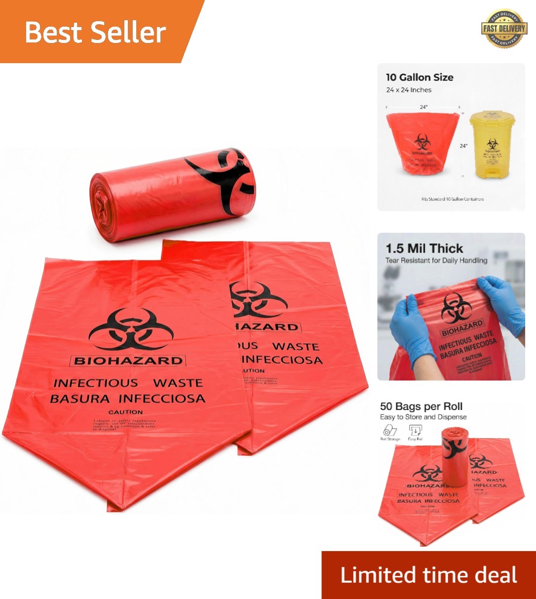 Biohazard Bags, 10 Gallon 24 x 24 Inch, 50 Pack, Heavy Duty Biohazard Waste B…