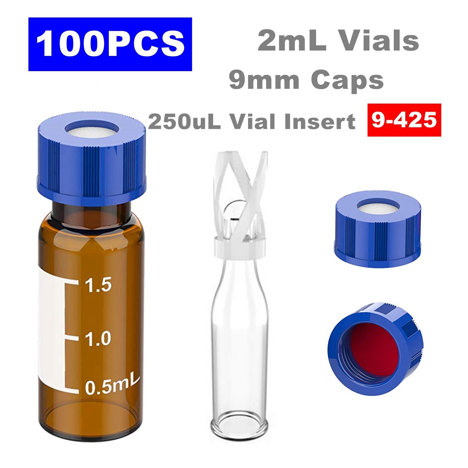 2mL Amber Autosampler Vials / 9-425 Screw Caps / 250uL Clear Insert Vials Lab GC