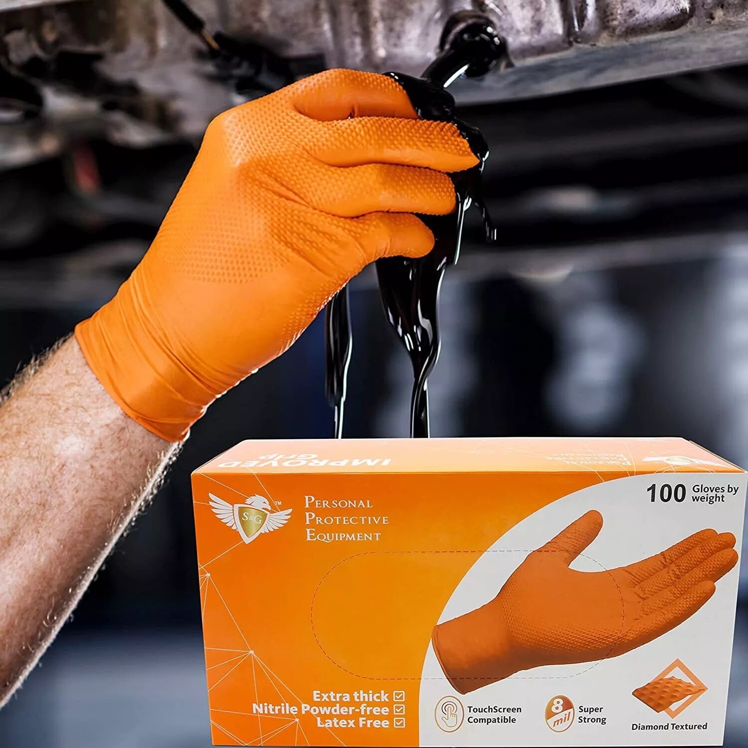 S&G Orange Diamond Nitrile Gloves Powder Latex Free 8 Mil 100pcs M/L/XL