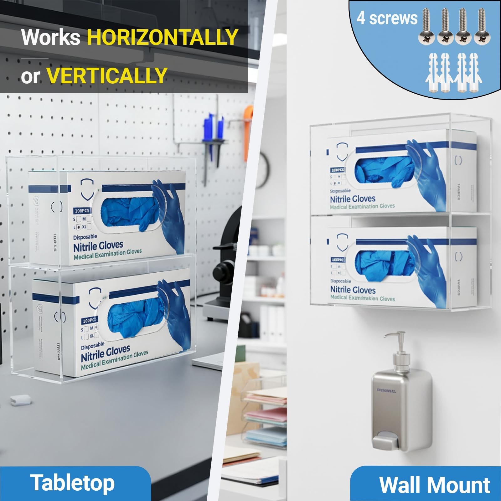 Aphbrada Double Glove Box Holder Wall Mount, Side-Load Acrylic Double, Clear