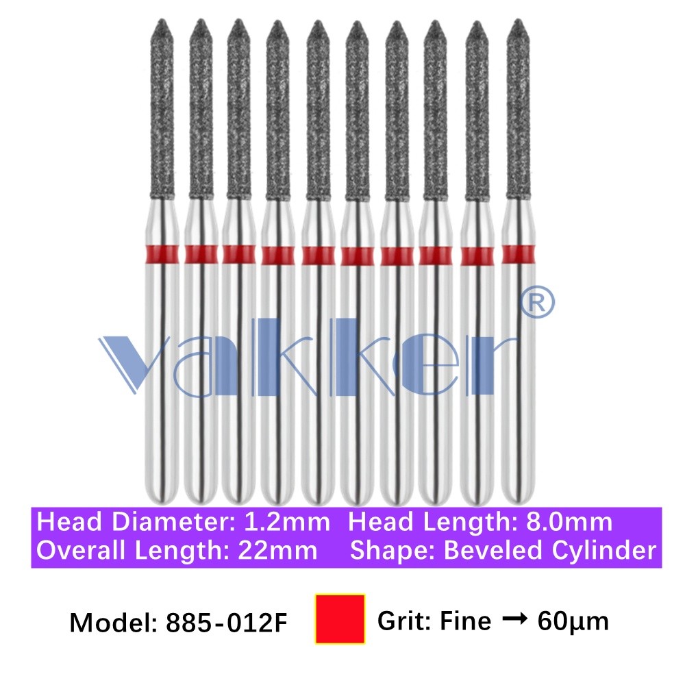 10/Pk Dental Diamond Burs FG 885-012F Fine Grit Friction Grip Beveled Cylinder