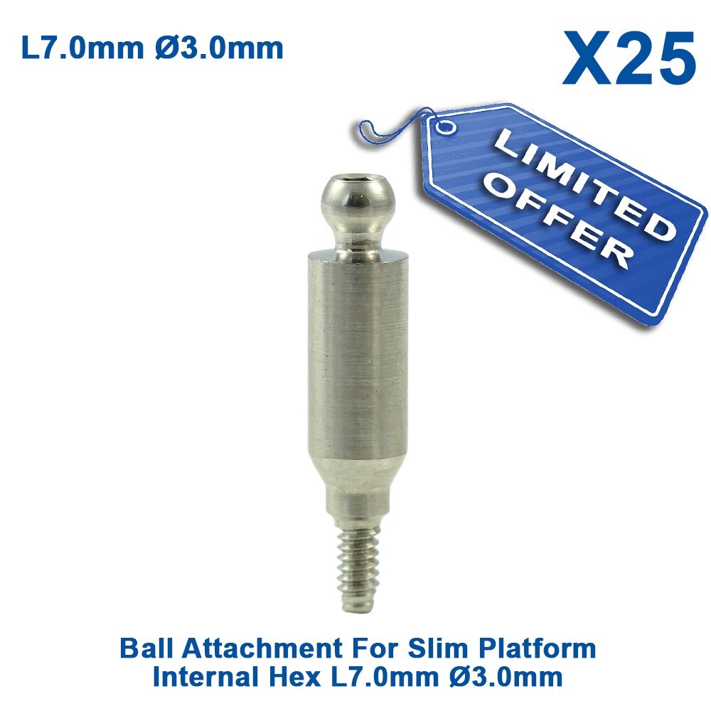 X25 Dental Straight Ball Attachment For Slim Platform Int Hex L7.0mm Ø3.0mm