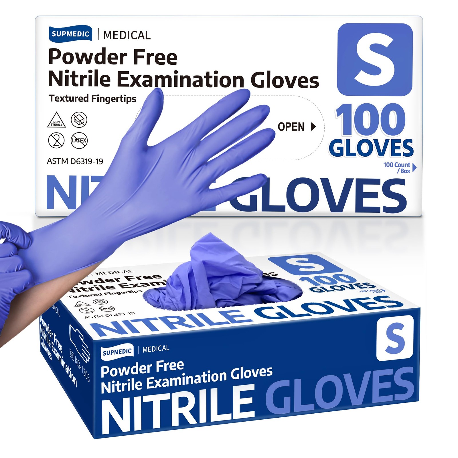 Supmedic Medical Nitrile Exam Gloves, Medium, 100 Small (Blue Iris)