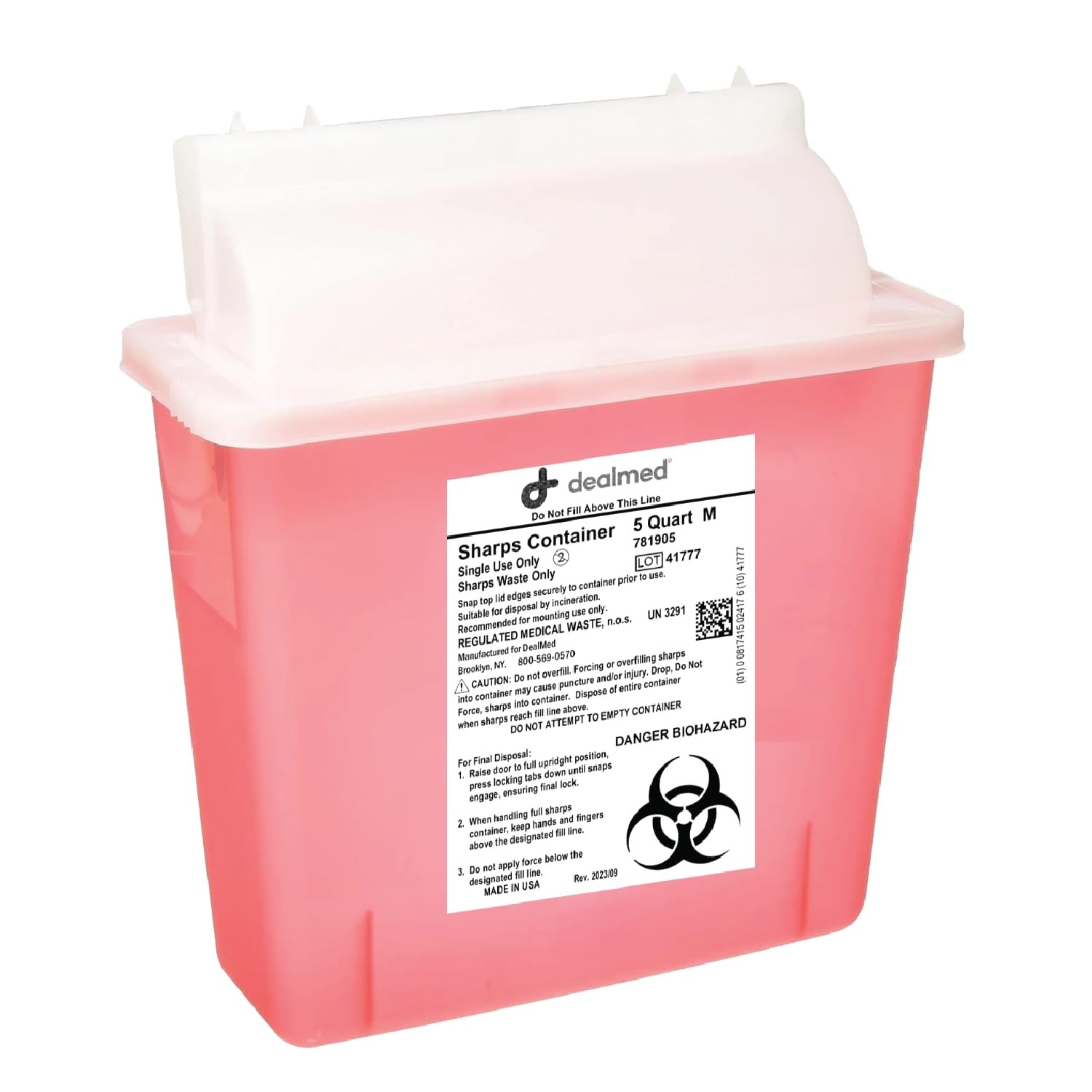 Dealmed Sharps Container 5 Quart Case Of 20 Mailbox Lid Puncture Resistant Red