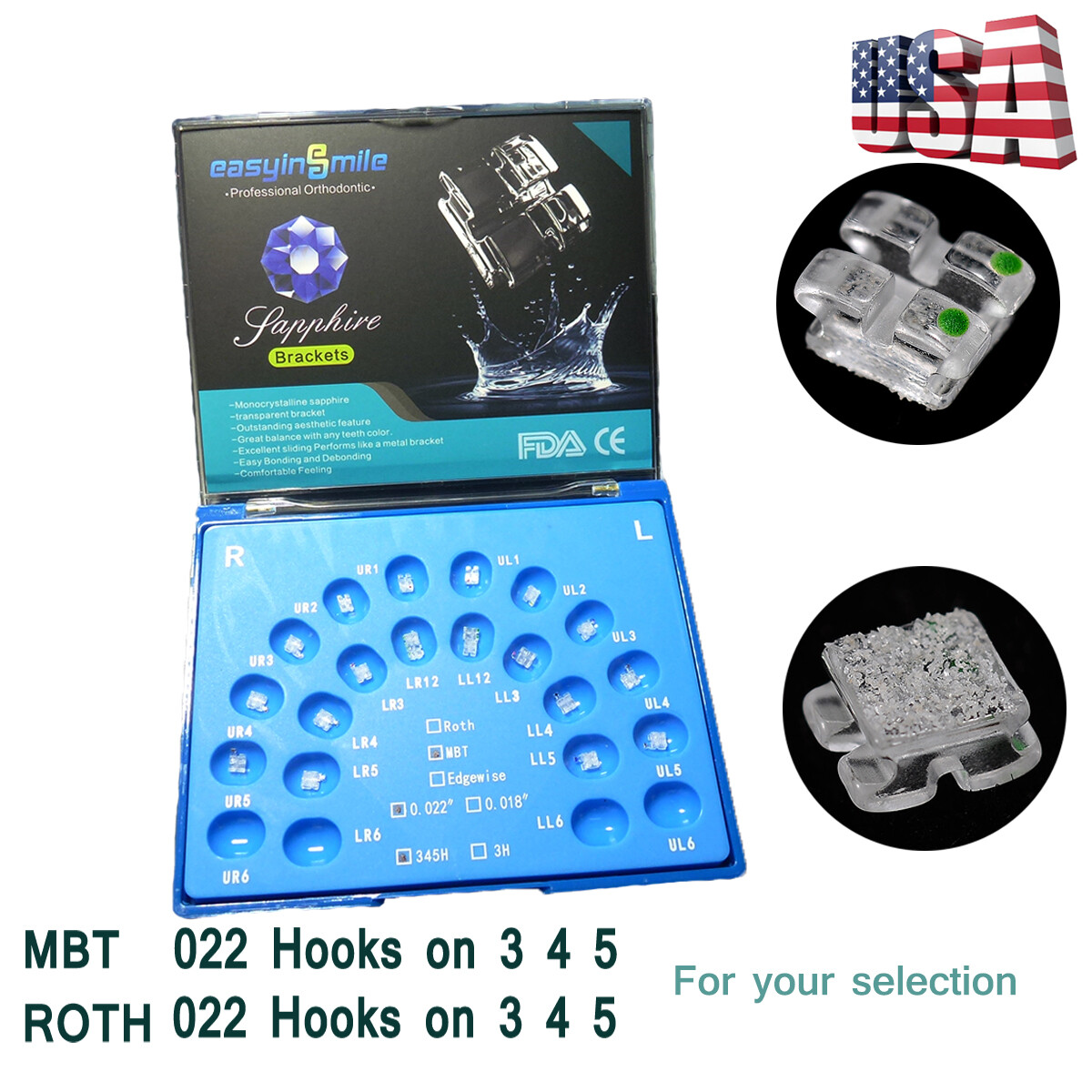 Orthodontic Self Ligating Brackets Ceramic Sapphire brace RothMBT 022»3/345Hook