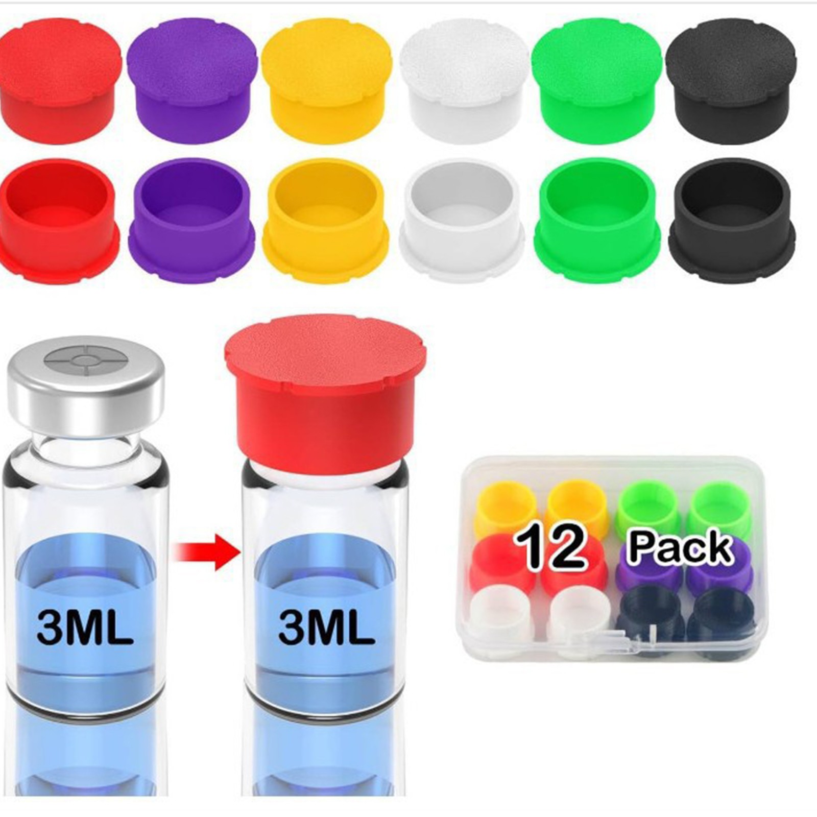 12Pack 3ml Glass Vials Protective Vial Caps 6 Colors Dust-Resistant Lids Covers