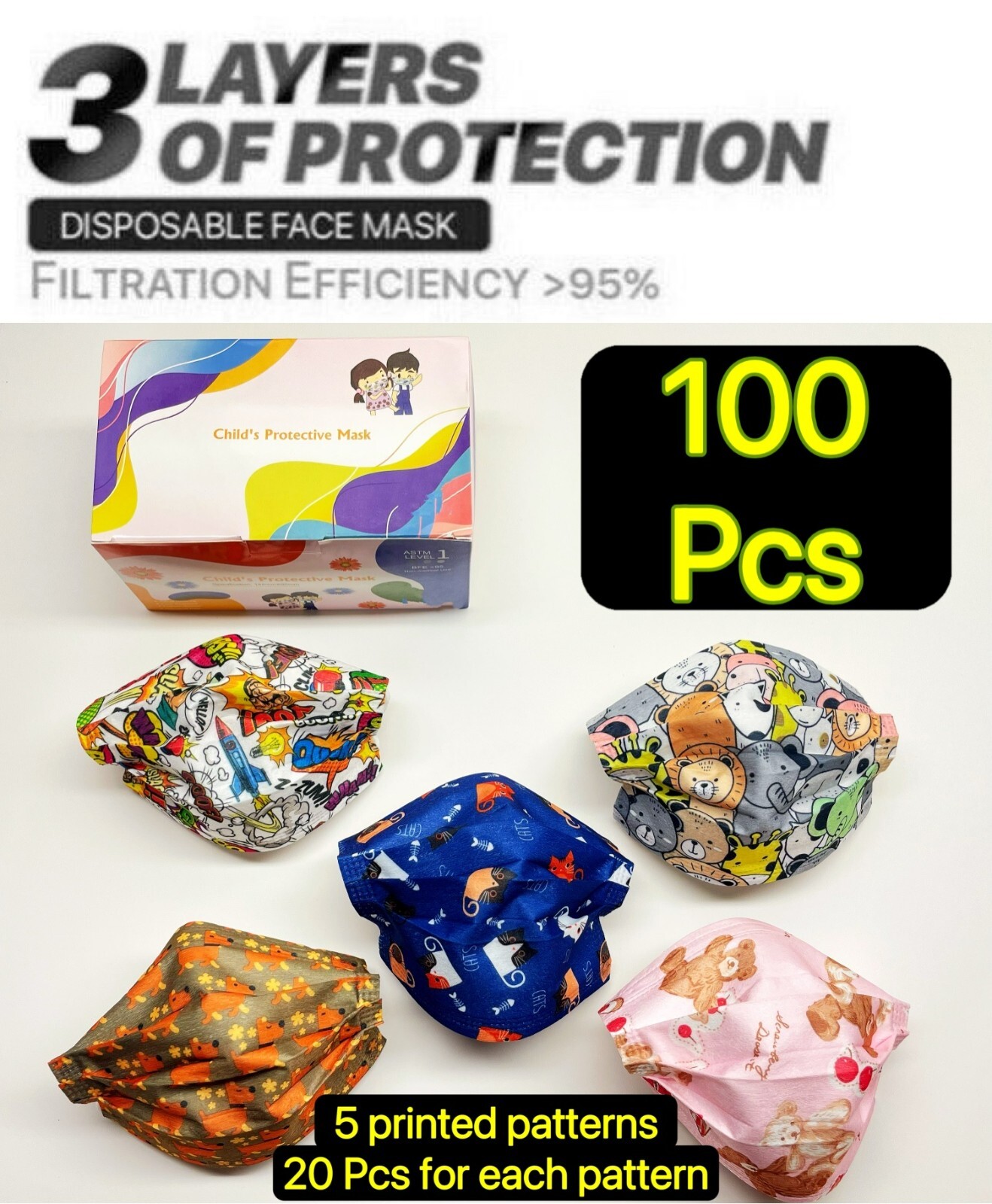 100-Pcs Cartoon Children Kids Face Mask Disposable 3-Layer Mouth Nose Protector