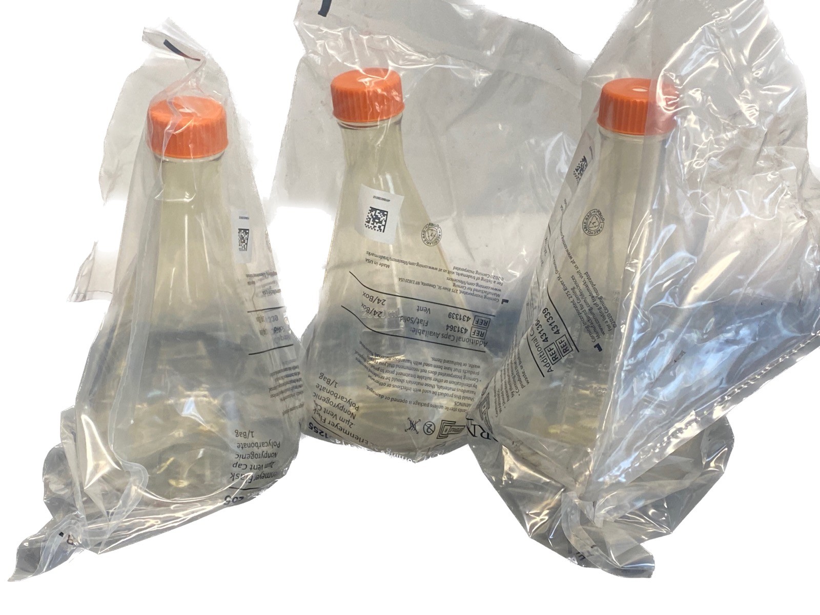 (3) CORNING 2000mL 2L Polycarbonate Erlenmeyer Flask 0.2um Vent Cap 431255