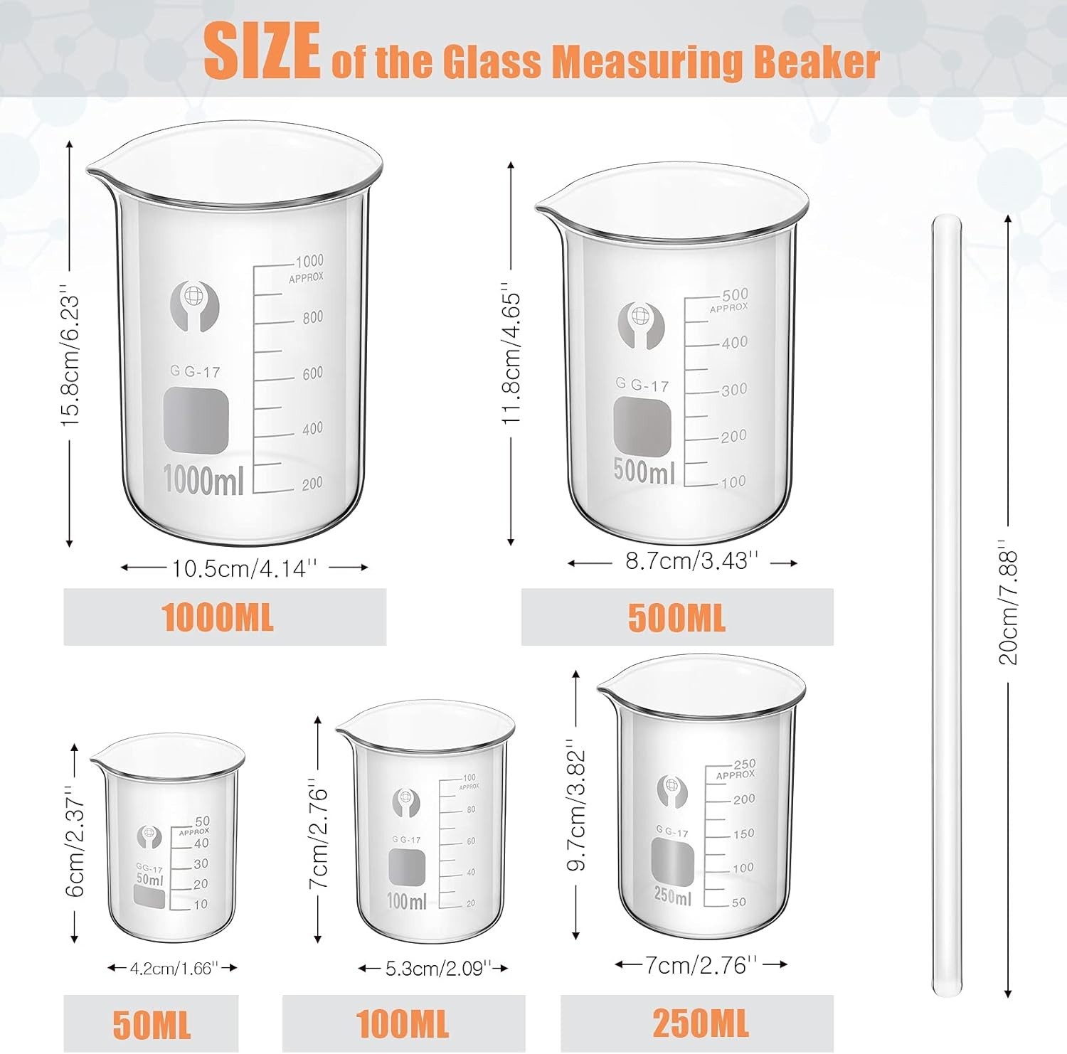 10 Pack Glass Lab Beaker Set Measuring Cup 50/100/250/500/1000, 5/10/ 50/100 …