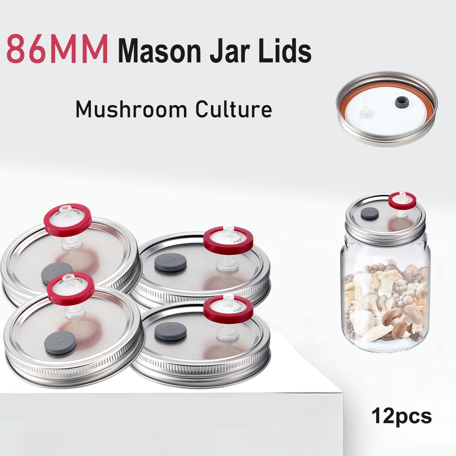 12x Wide Mouth Mushroom Liquid Culture Lid,Split-Type Mason Jar Lid with 0.22Um