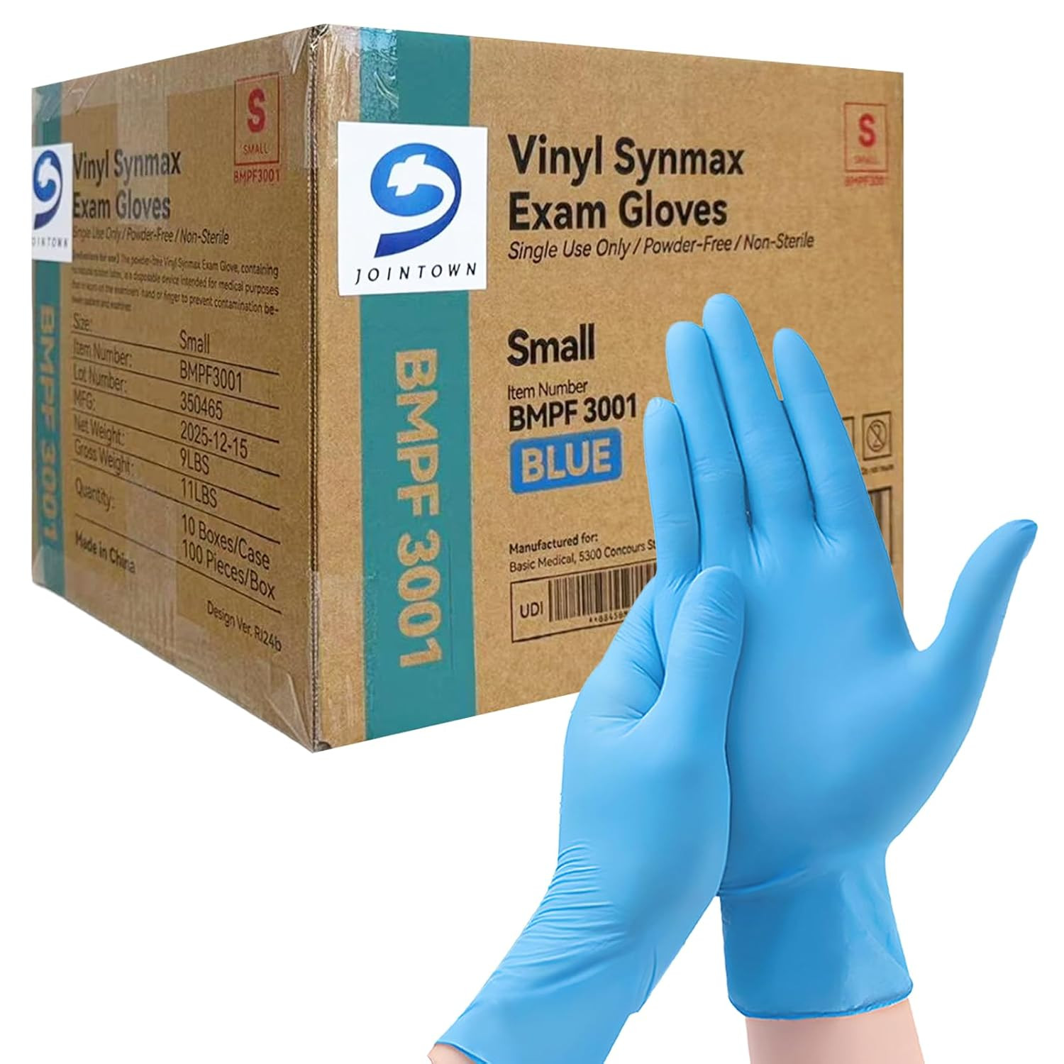 Basic Vinyl Exam Gloves, Latex-Free, Powder-Free, Disposable, Small, Case of 1,0