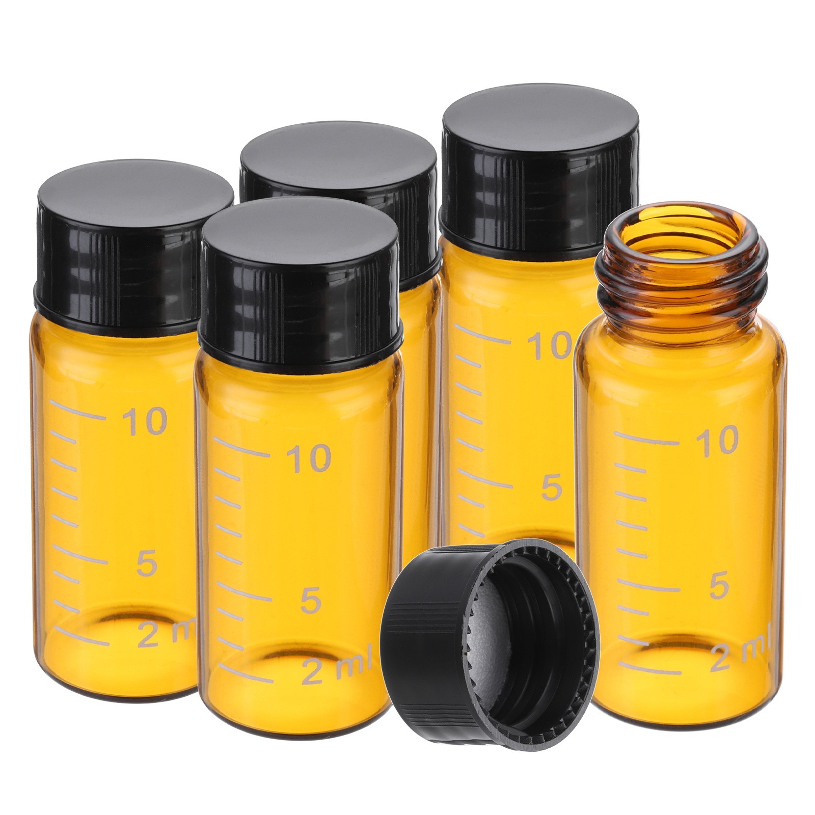 5 Pcs 10ml Amber Glass Vials with Black Screw Caps, Sealed Bottles with Scale