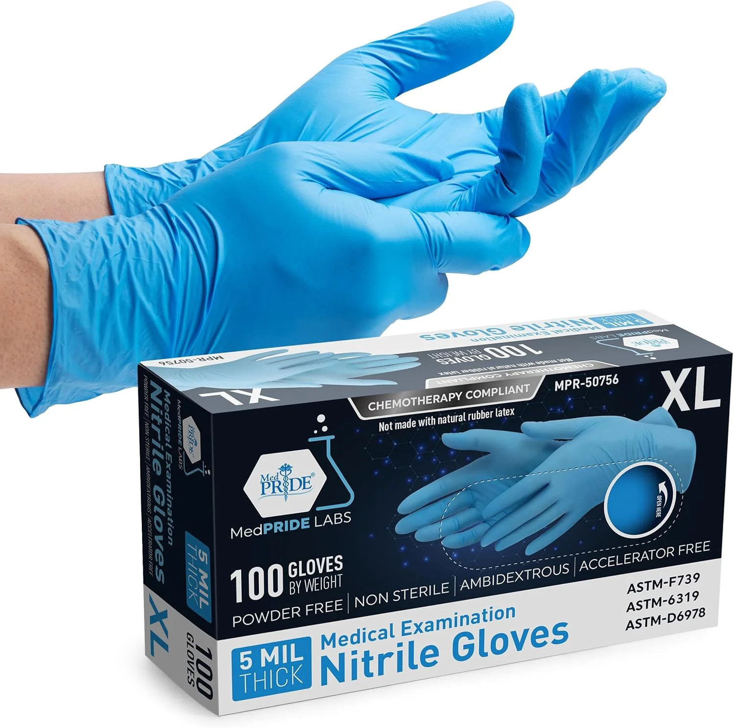 MED PRIDE Blue Nitrile Gloves XL | Box of 100 Gloves | 5 Mil | Powder-Free, Late